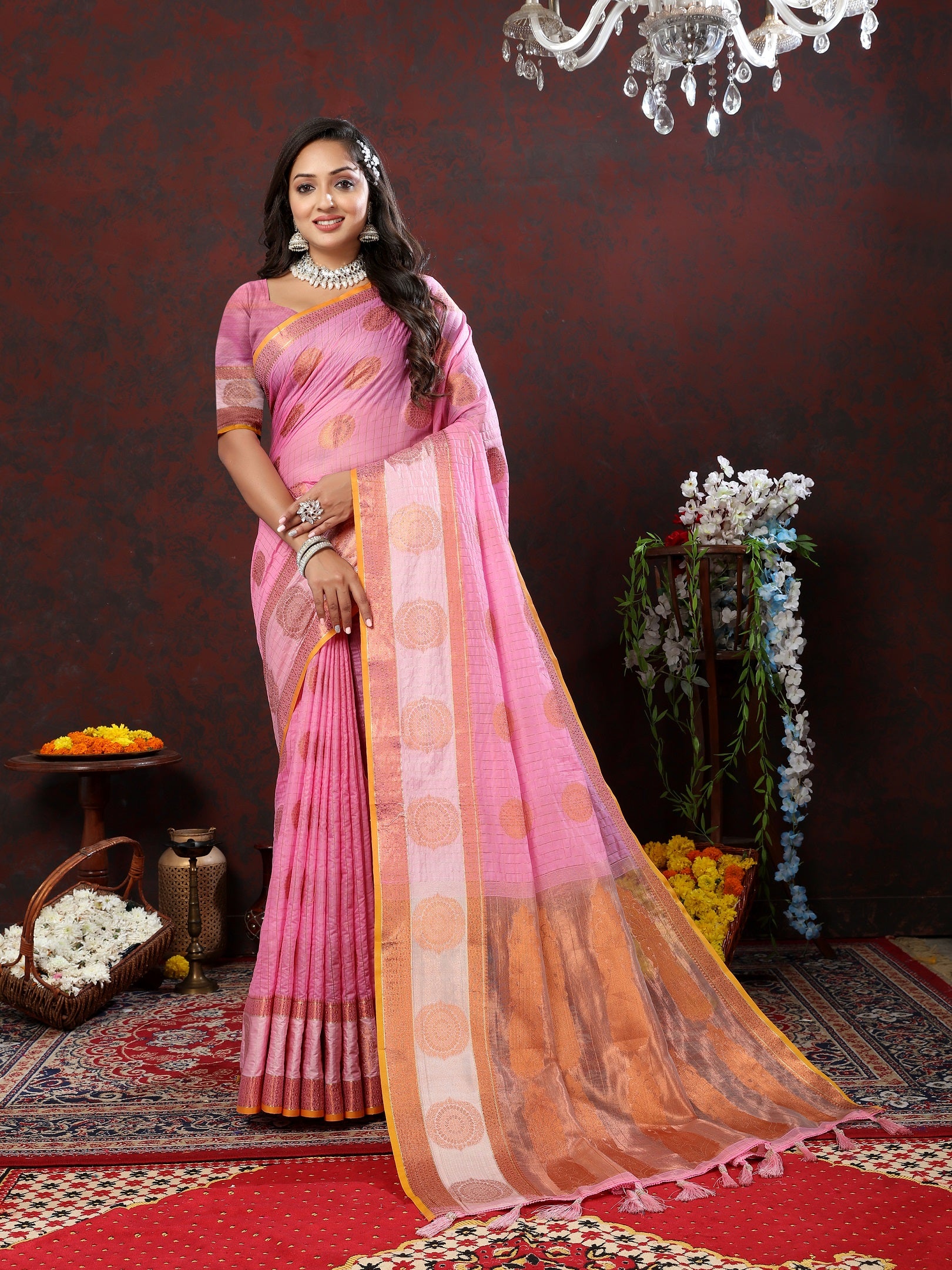 Vedant Vastram Pink Color Kanjeevaram Cotton Silk Saree - Pink - Distacart