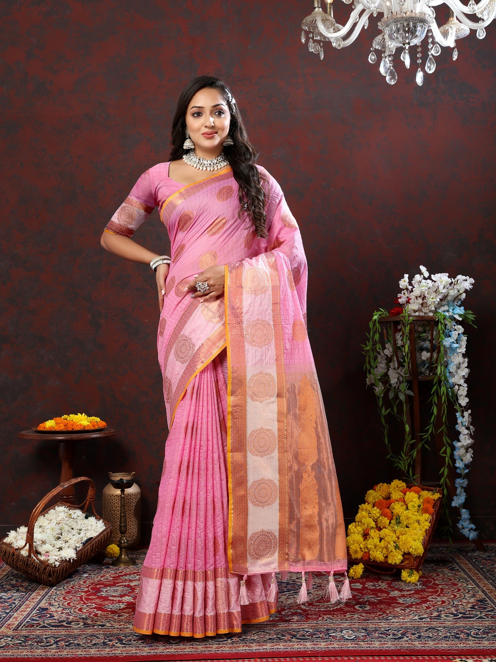 Vedant Vastram Pink Color Kanjeevaram Cotton Silk Saree - Pink - Distacart