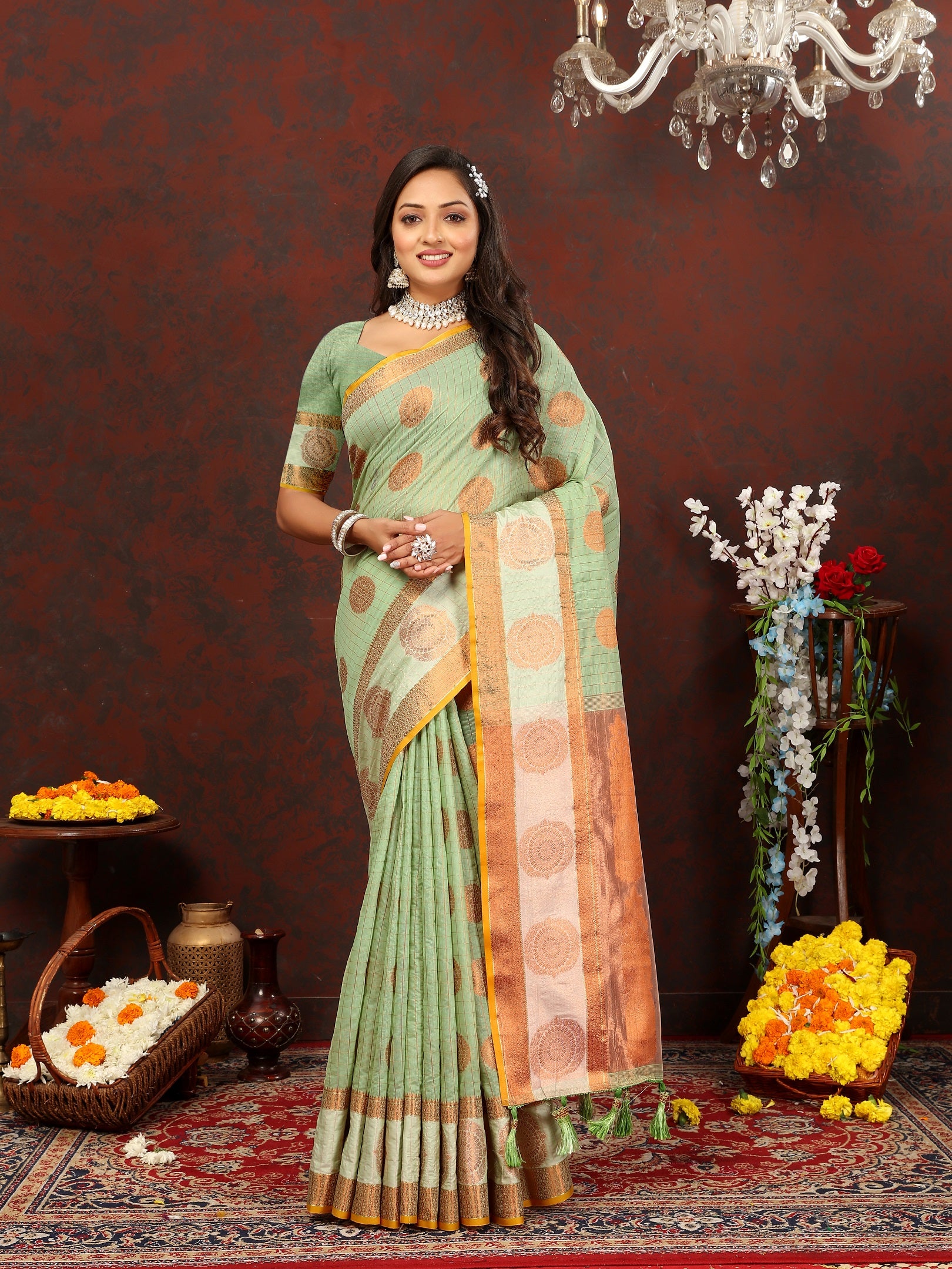 Vedant Vastram Pista Color Kanjeevaram Cotton Silk Saree - Pista - Distacart