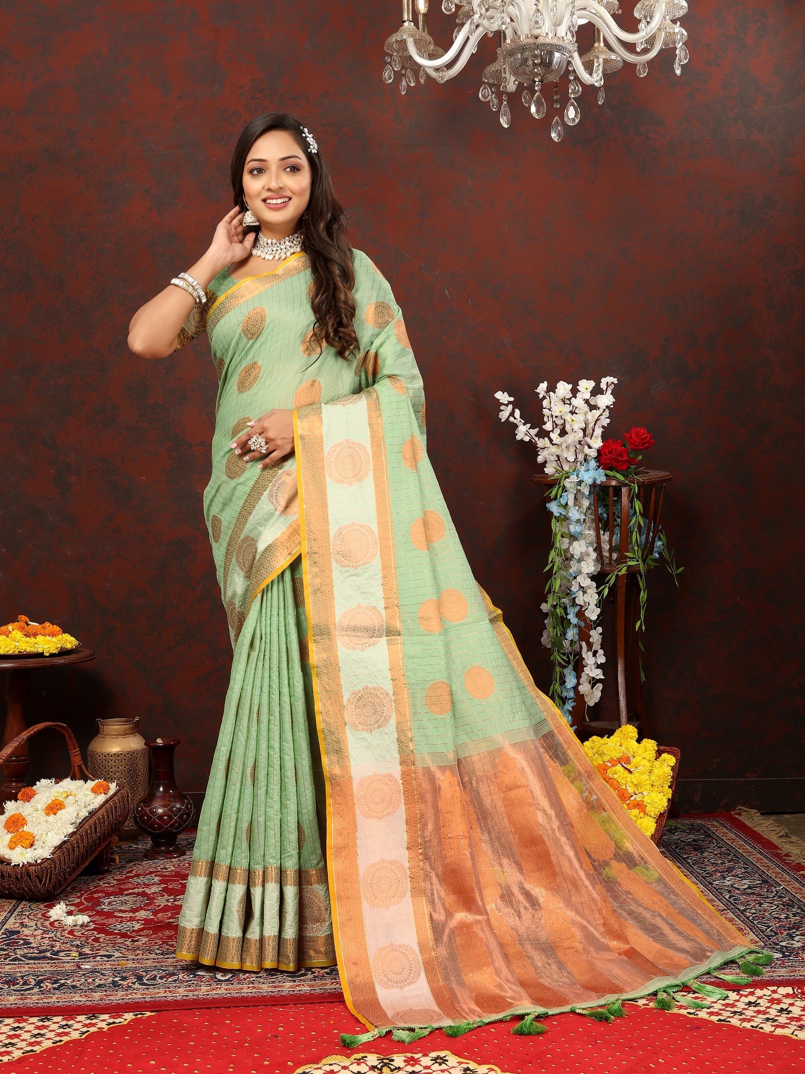 Vedant Vastram Pista Color Kanjeevaram Cotton Silk Saree - Pista - Distacart