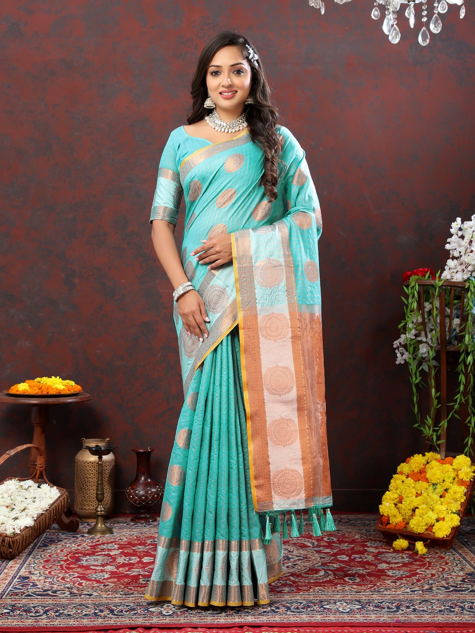 Vedant Vastram Turquoise Color Kanjeevaram Cotton Silk Saree - Turquoise - Distacart