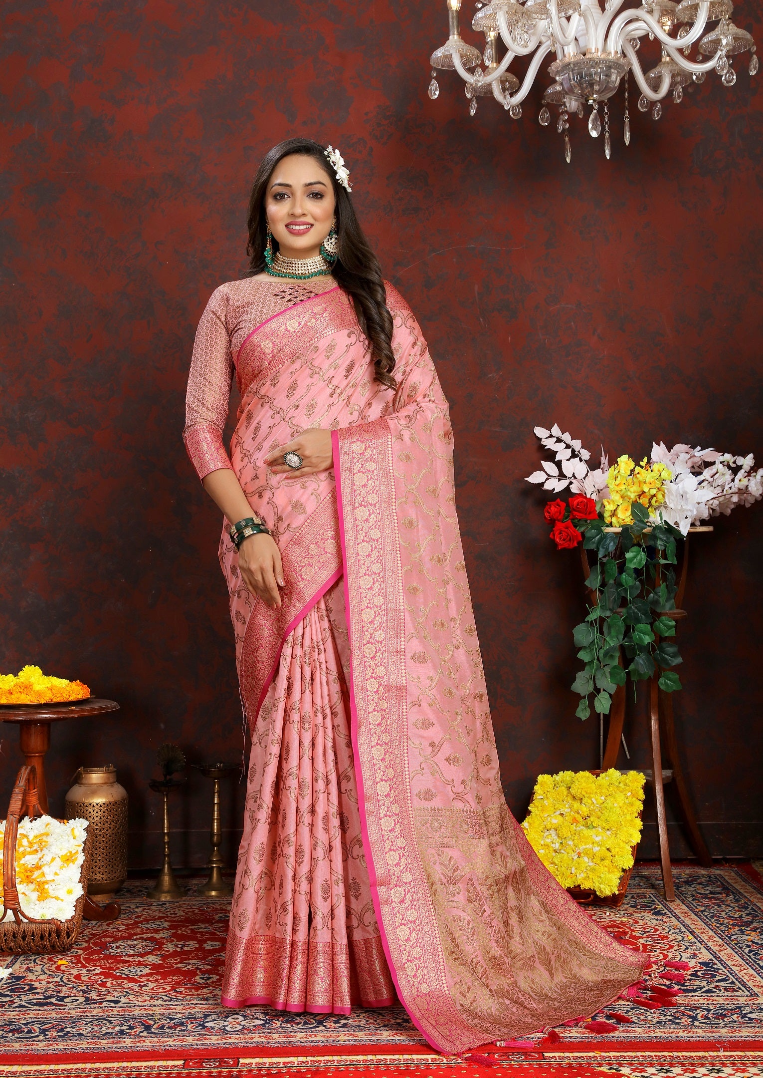 Vedant Vastram Baby Pink Color Banarasi Silk Saree - Baby Pink - Distacart