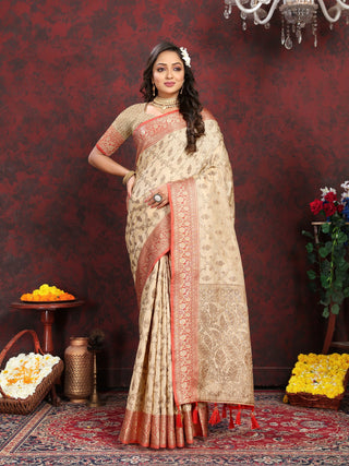Vedant Vastram Beige Color Banarasi Silk Saree - Beige - Distacart