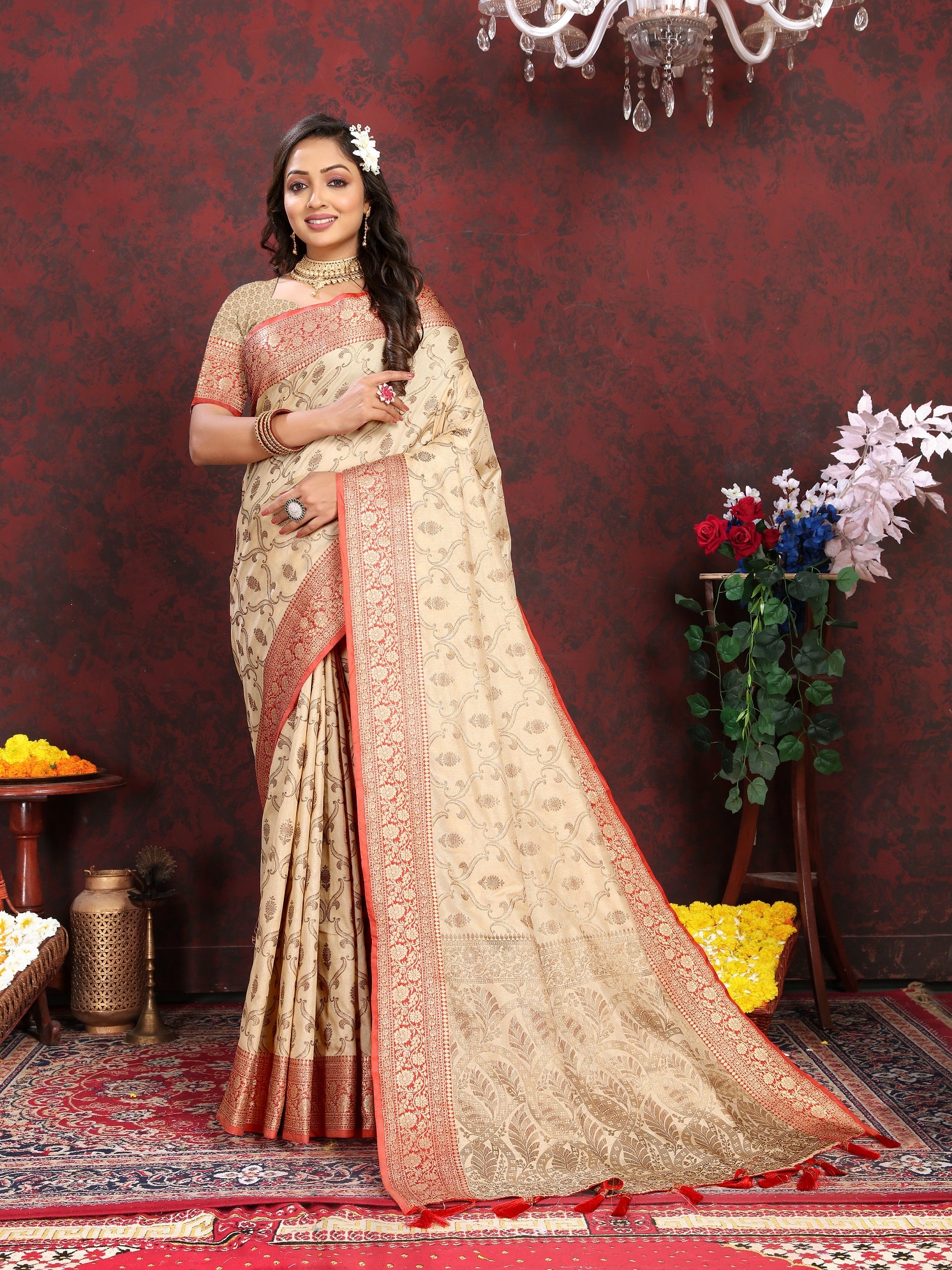 Vedant Vastram Beige Color Banarasi Silk Saree - Beige - Distacart
