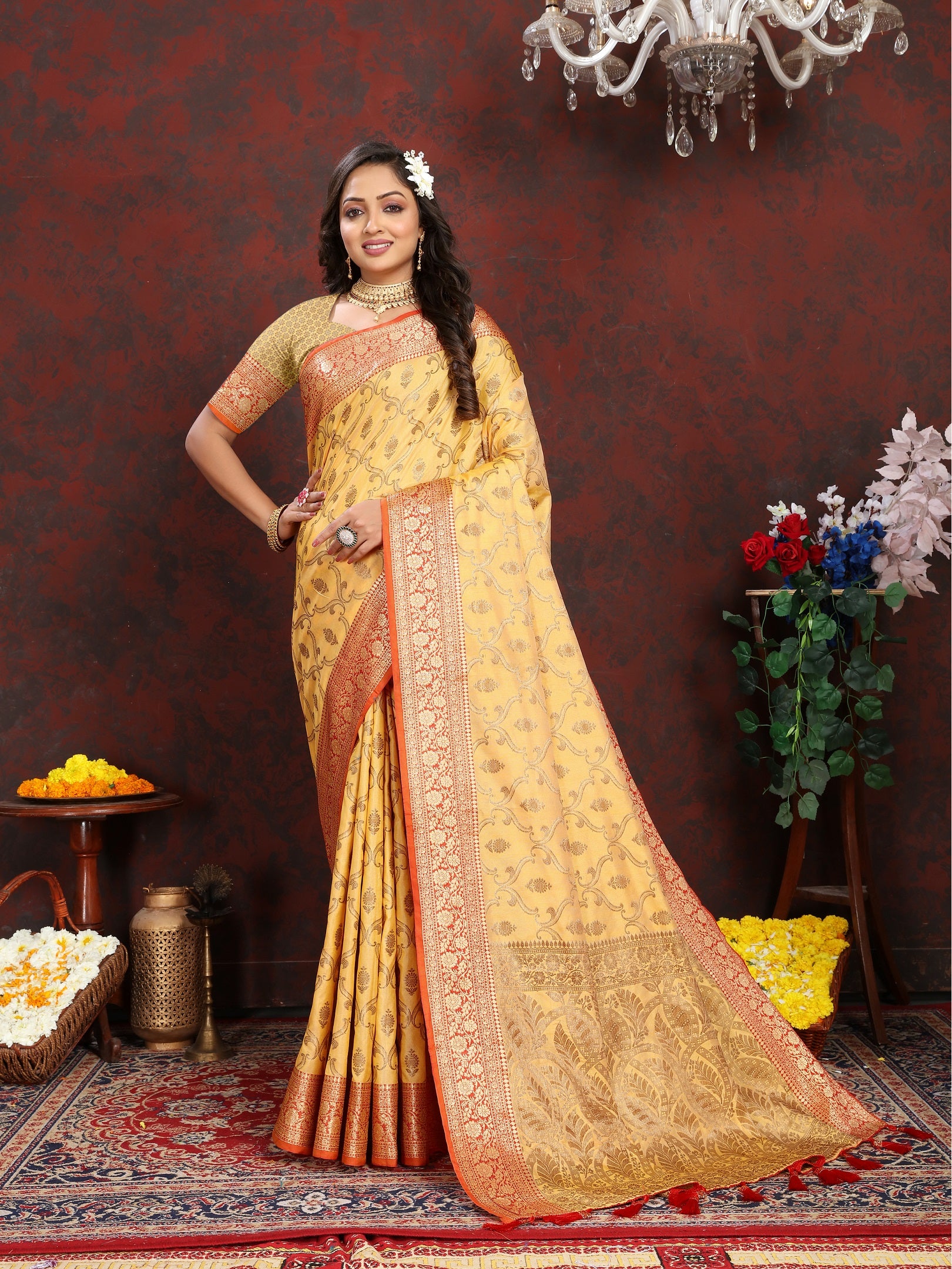 Vedant Vastram Mustard Color Banarasi Silk Saree - Mustard - Distacart