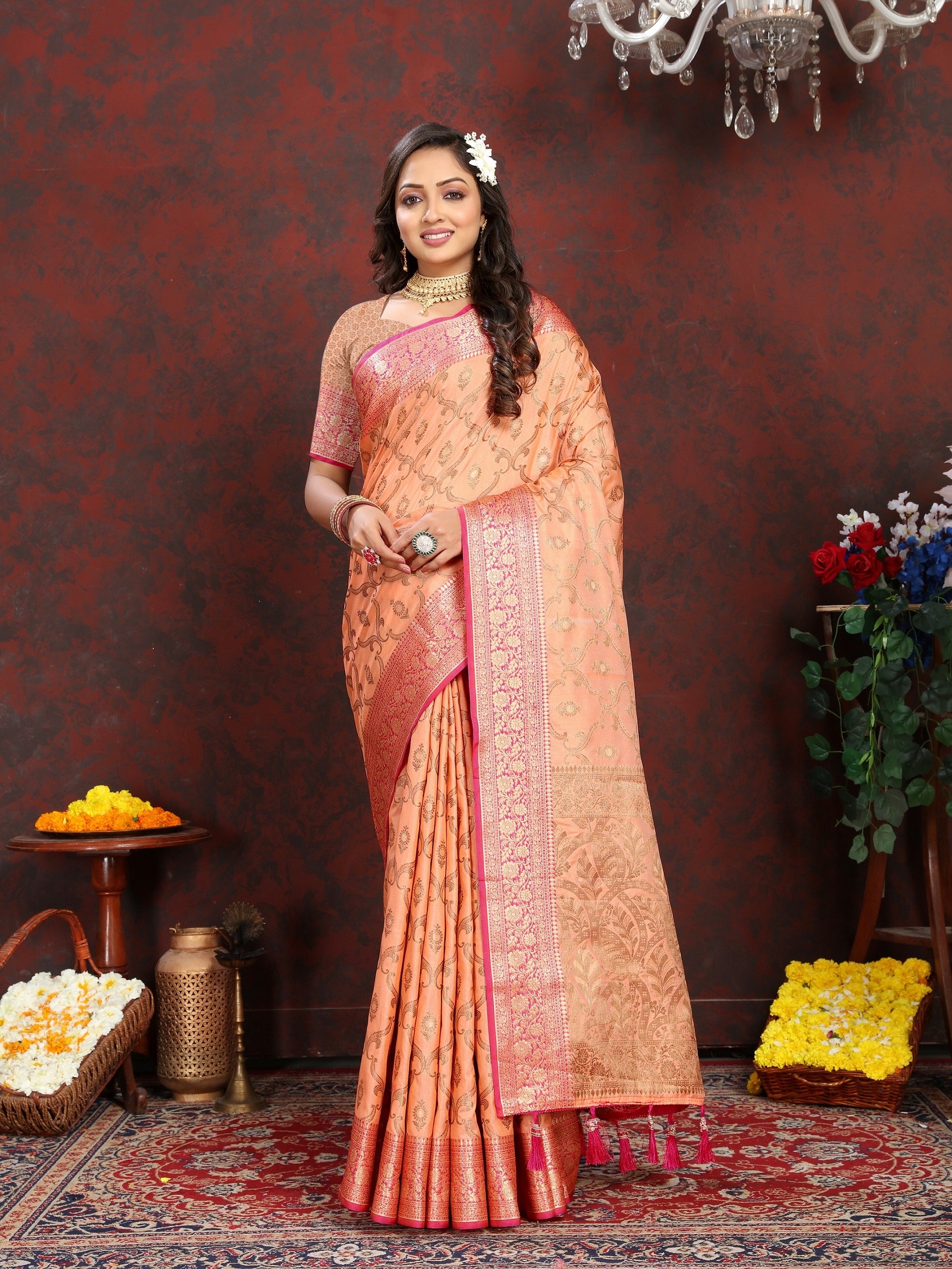 Vedant Vastram Peach Color Banarasi Silk Saree - Peach - Distacart