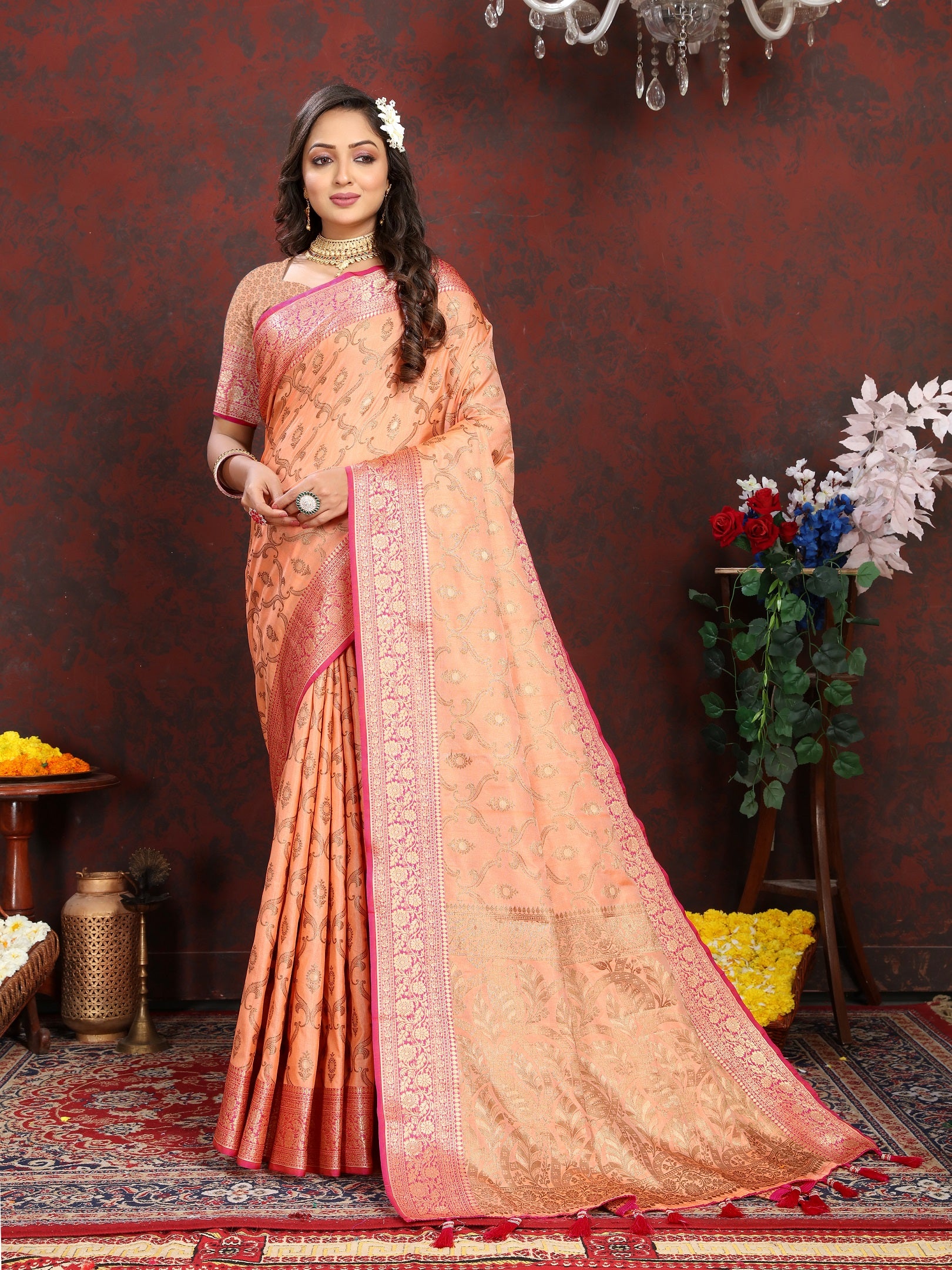 Vedant Vastram Peach Color Banarasi Silk Saree - Peach - Distacart