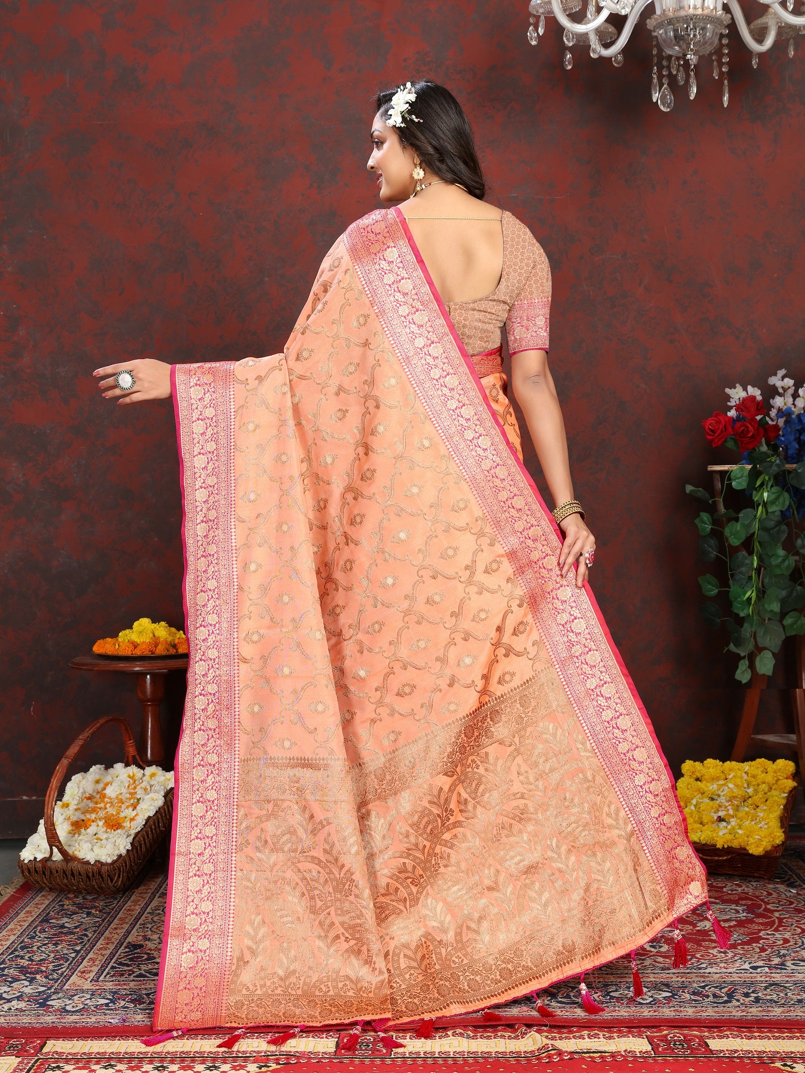 Vedant Vastram Peach Color Banarasi Silk Saree - Peach - Distacart