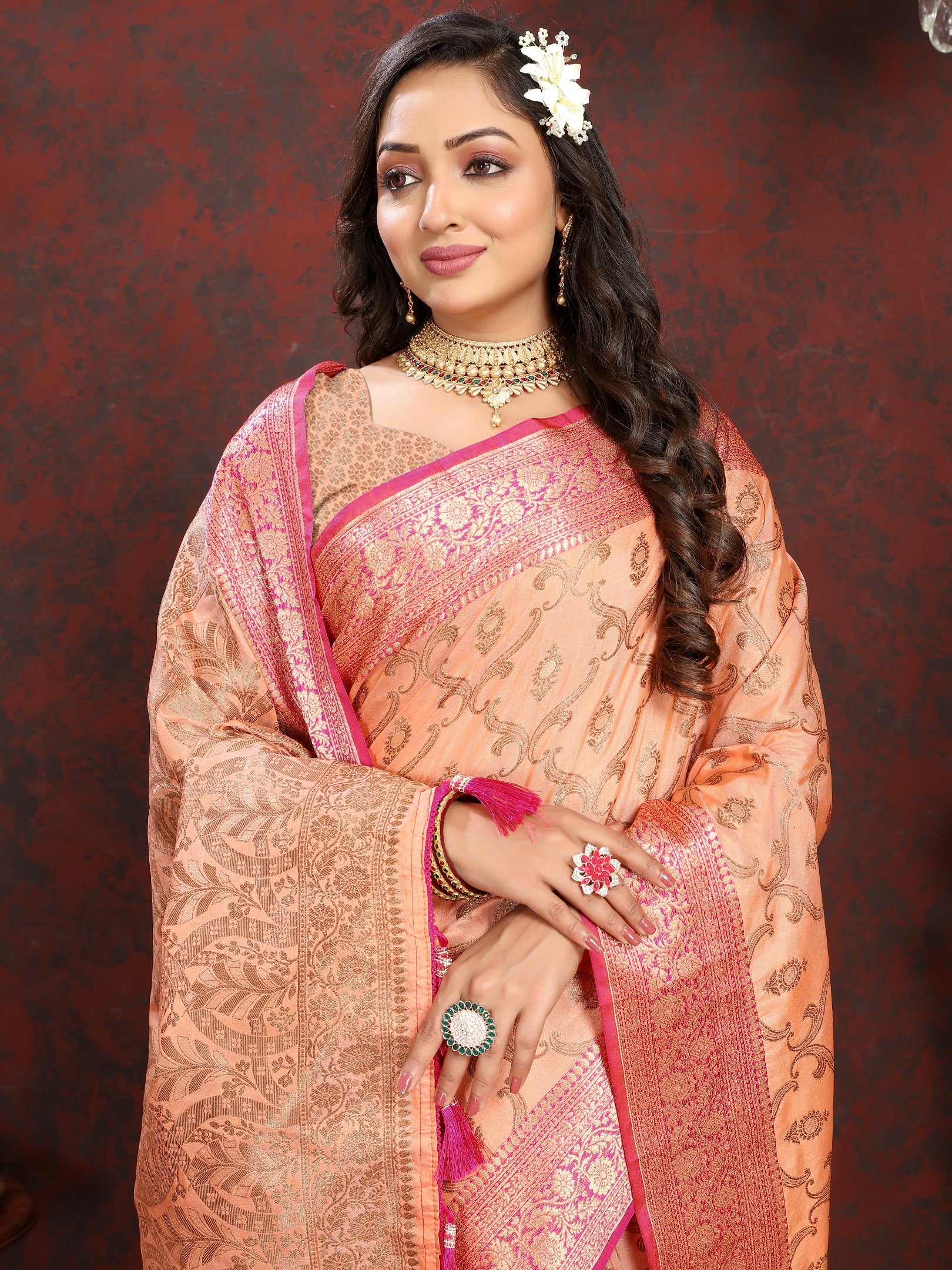 Vedant Vastram Peach Color Banarasi Silk Saree - Peach - Distacart
