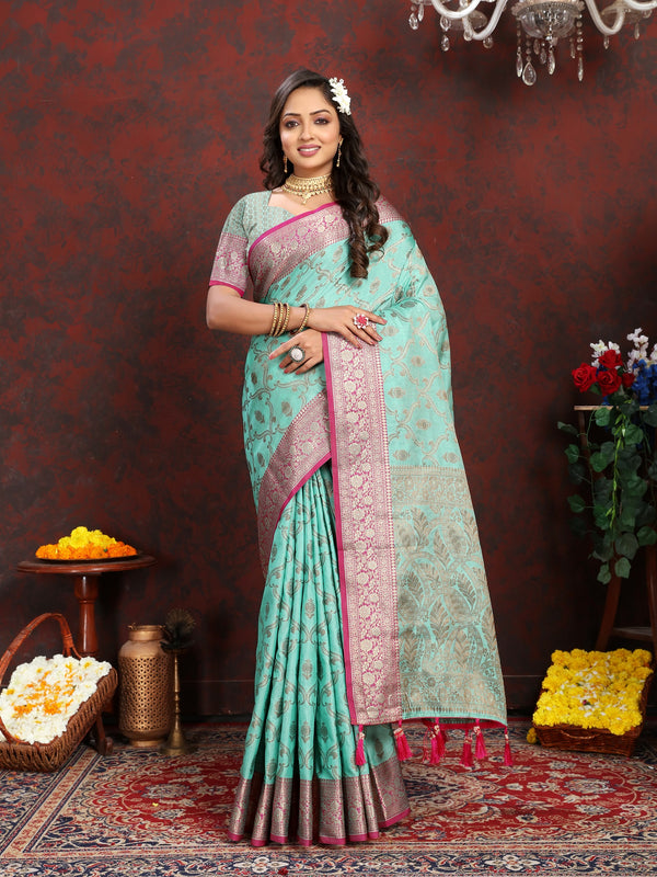 Vedant Vastram Turquoise Color Banarasi Silk Saree - Turquoise - Distacart