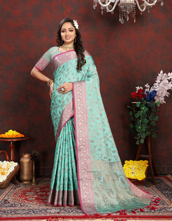 Vedant Vastram Turquoise Color Banarasi Silk Saree - Turquoise - Distacart