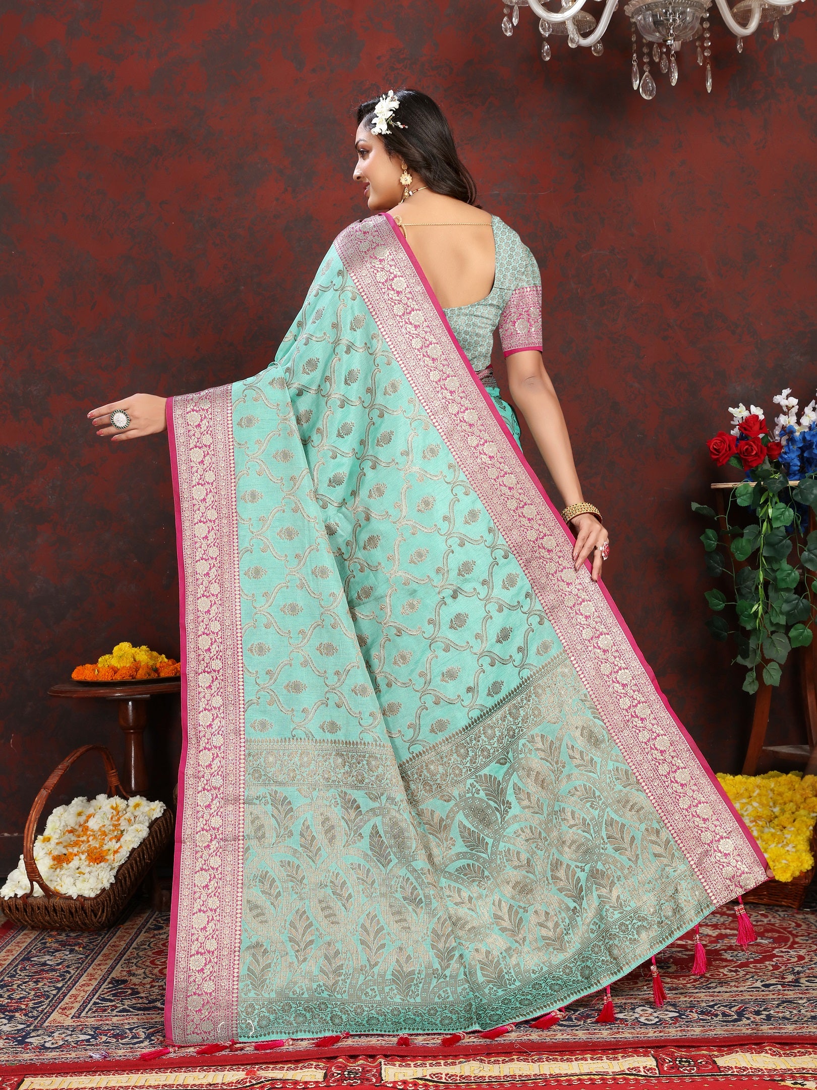 Vedant Vastram Turquoise Color Banarasi Silk Saree - Turquoise - Distacart