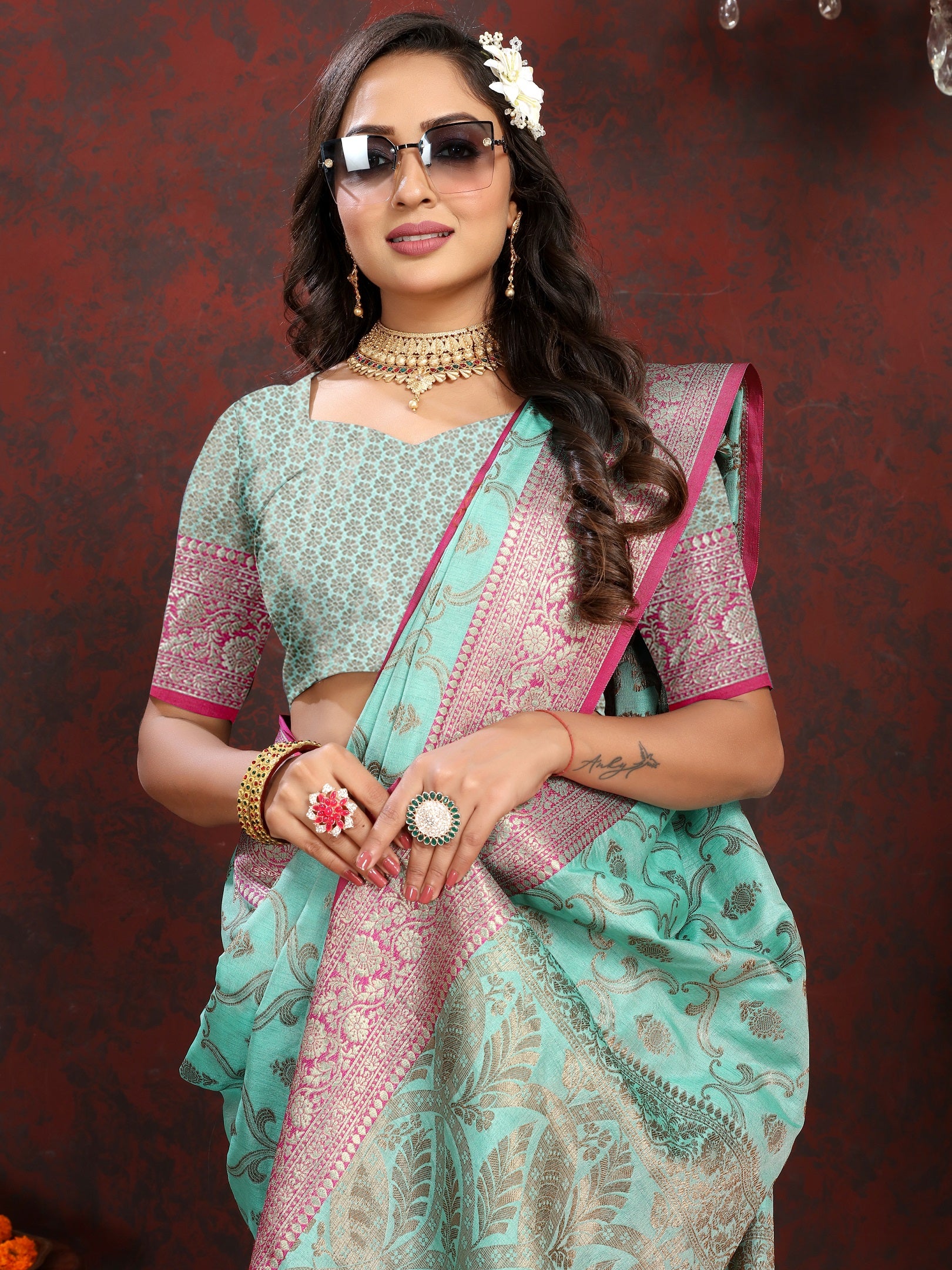 Vedant Vastram Turquoise Color Banarasi Silk Saree - Turquoise - Distacart