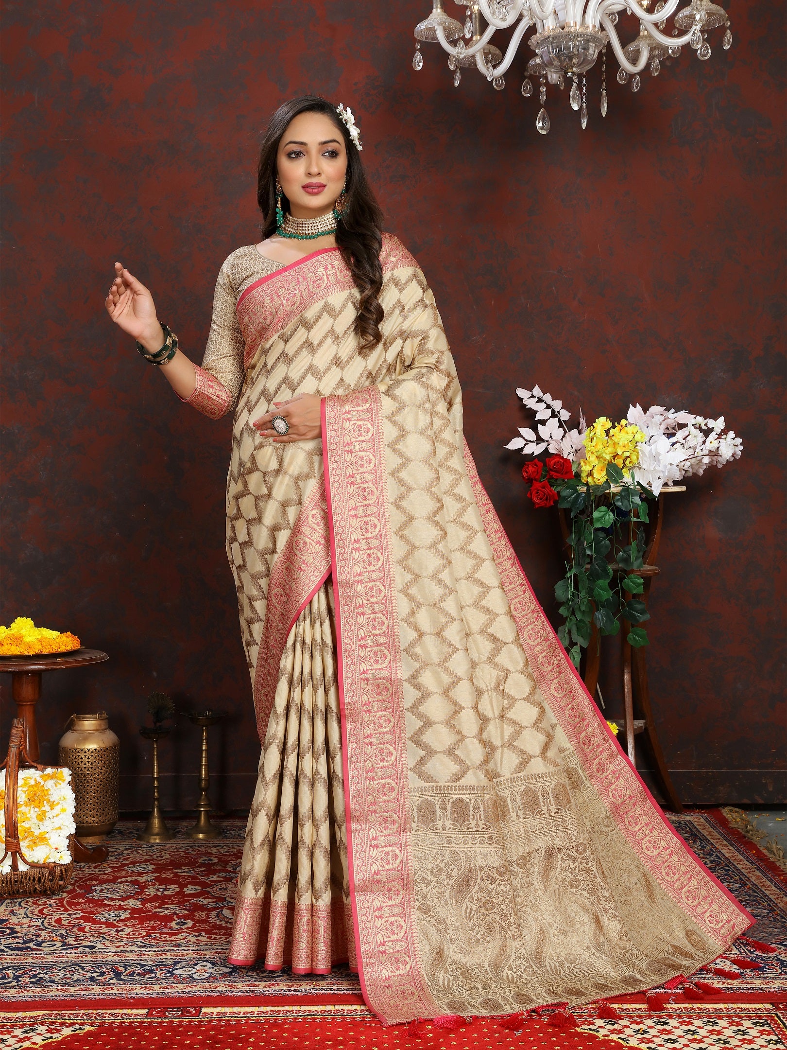 Vedant Vastram Beige Color Banarasi Silk Saree - Beige - Distacart