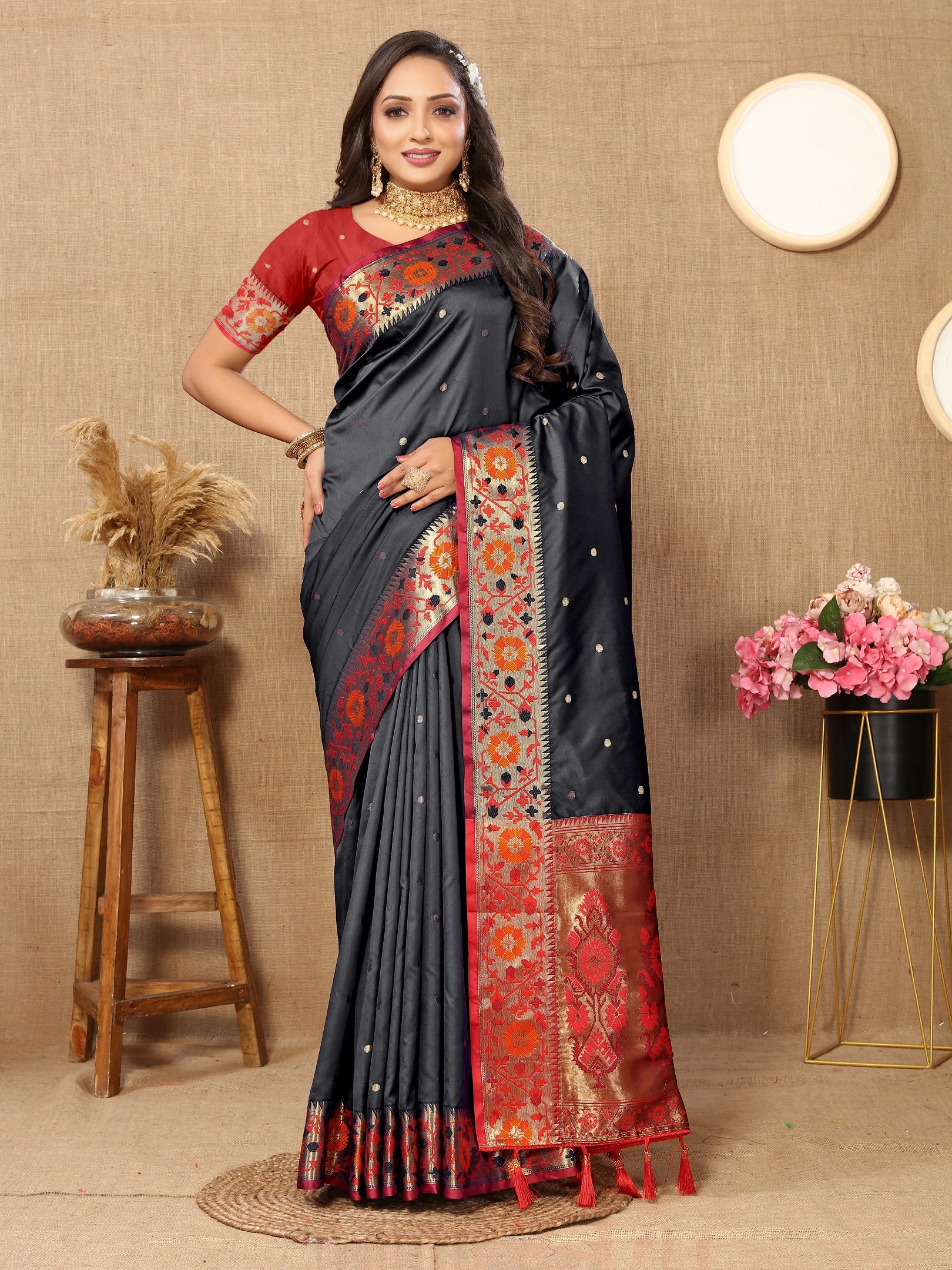 Vedant Vastram Black Color Paithani Silk Saree - Black - Distacart