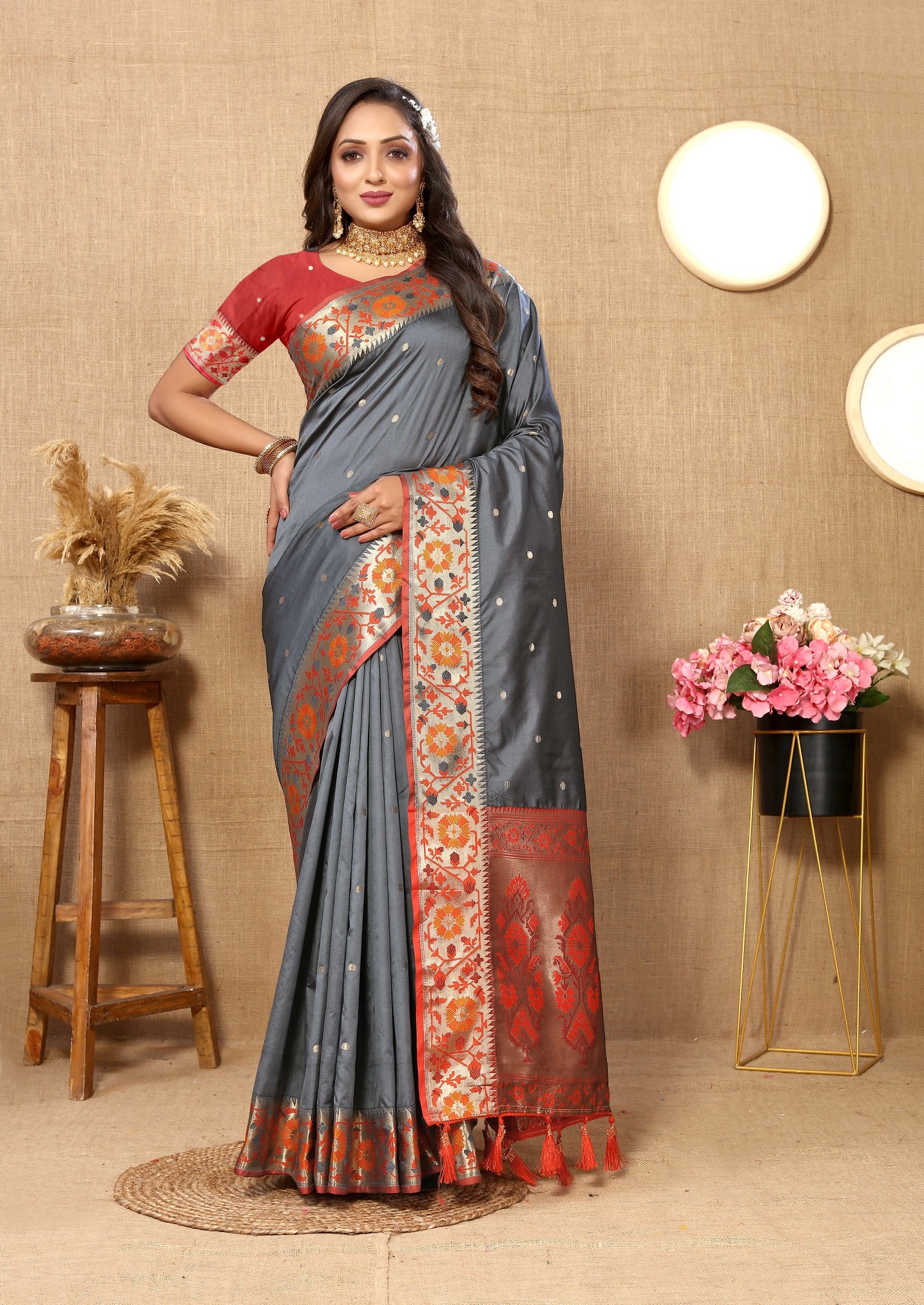 Vedant Vastram Grey Color Paithani Silk Saree - Grey - Distacart