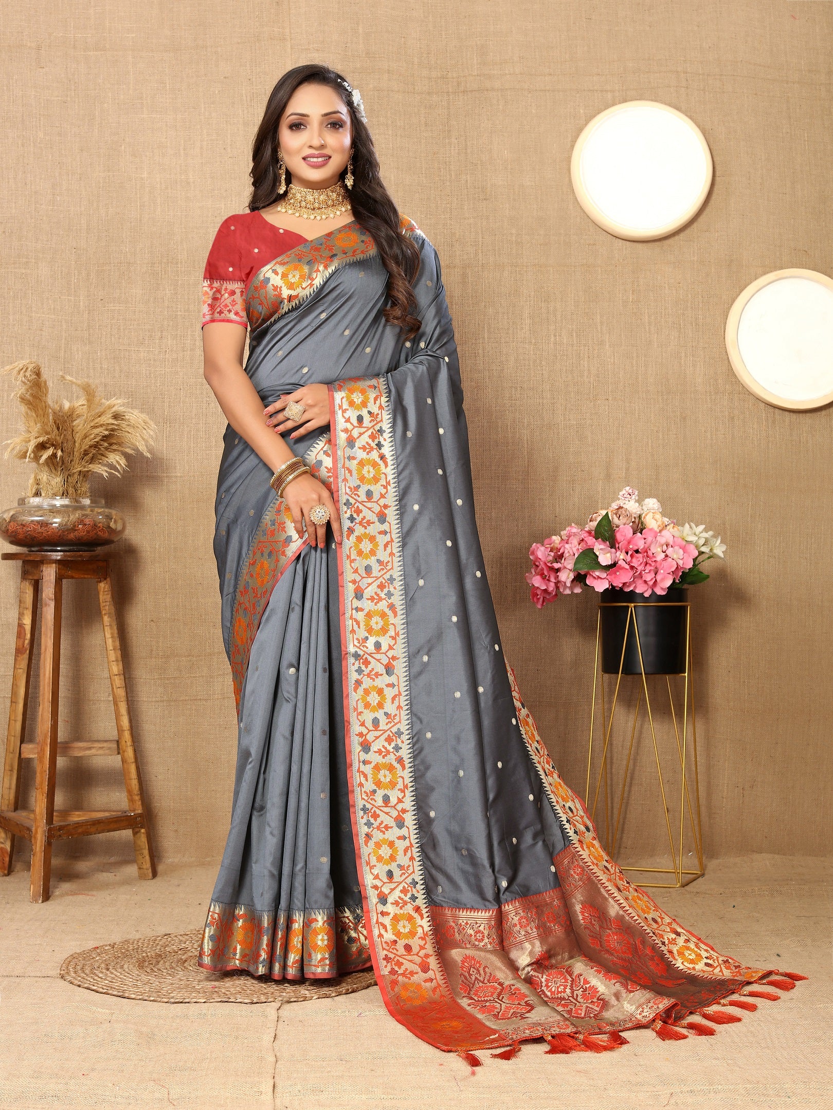Vedant Vastram Grey Color Paithani Silk Saree - Grey - Distacart