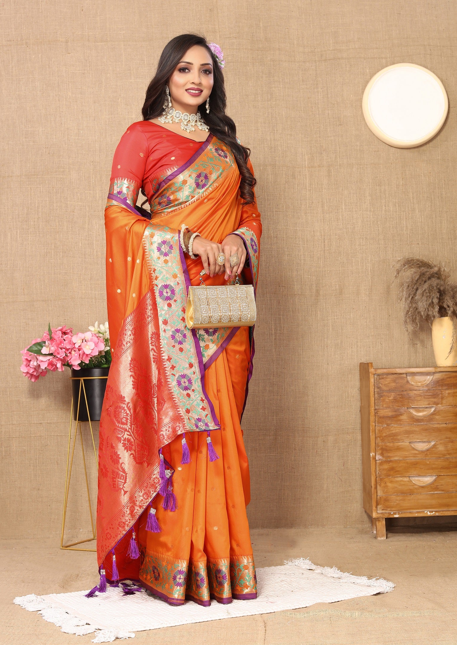 Vedant Vastram Orange Color Paithani Silk Saree - Orange - Distacart