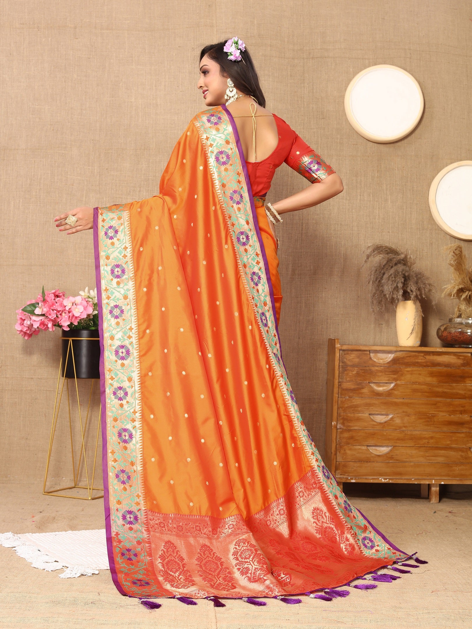 Vedant Vastram Orange Color Paithani Silk Saree - Orange - Distacart
