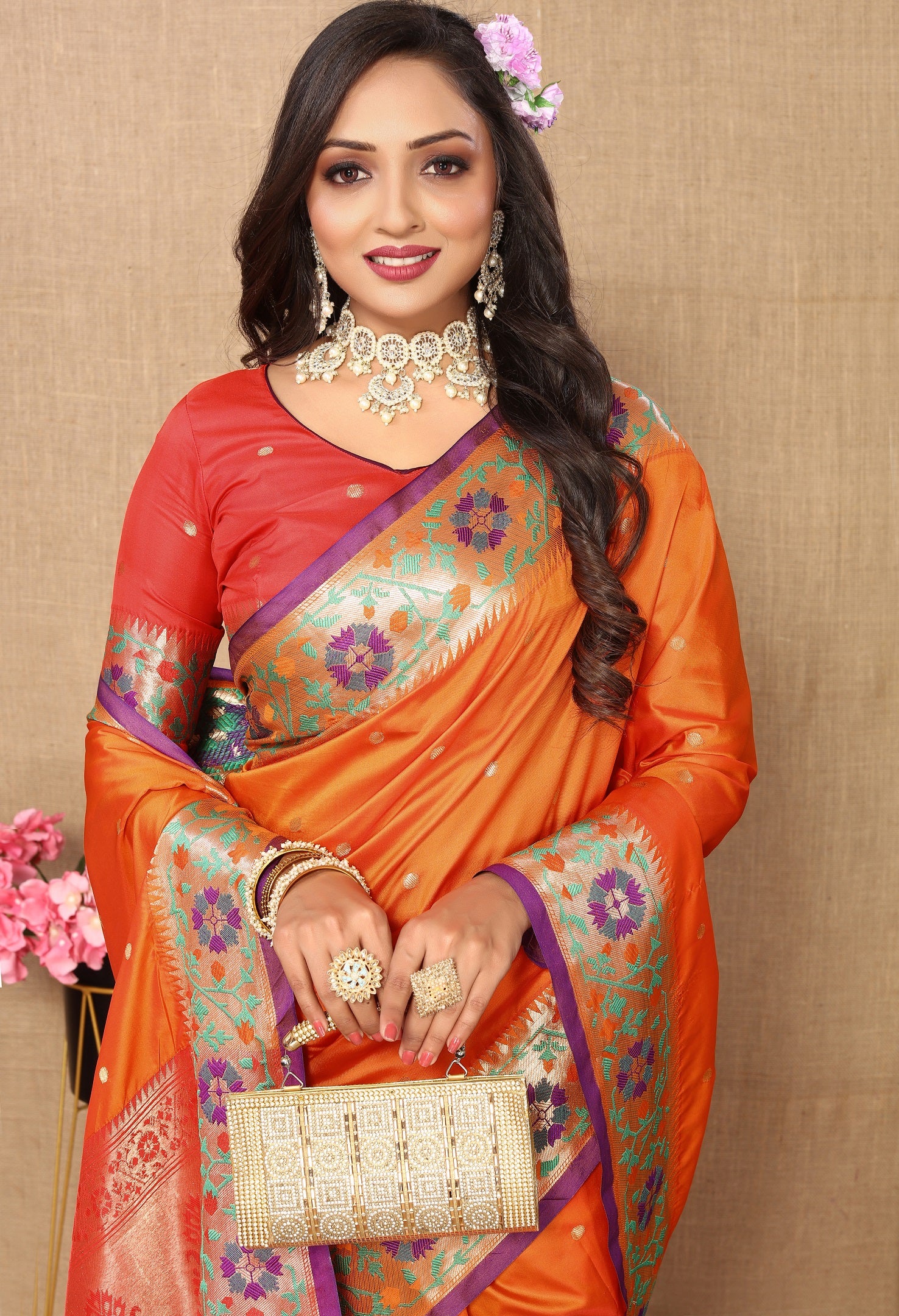 Vedant Vastram Orange Color Paithani Silk Saree - Orange - Distacart