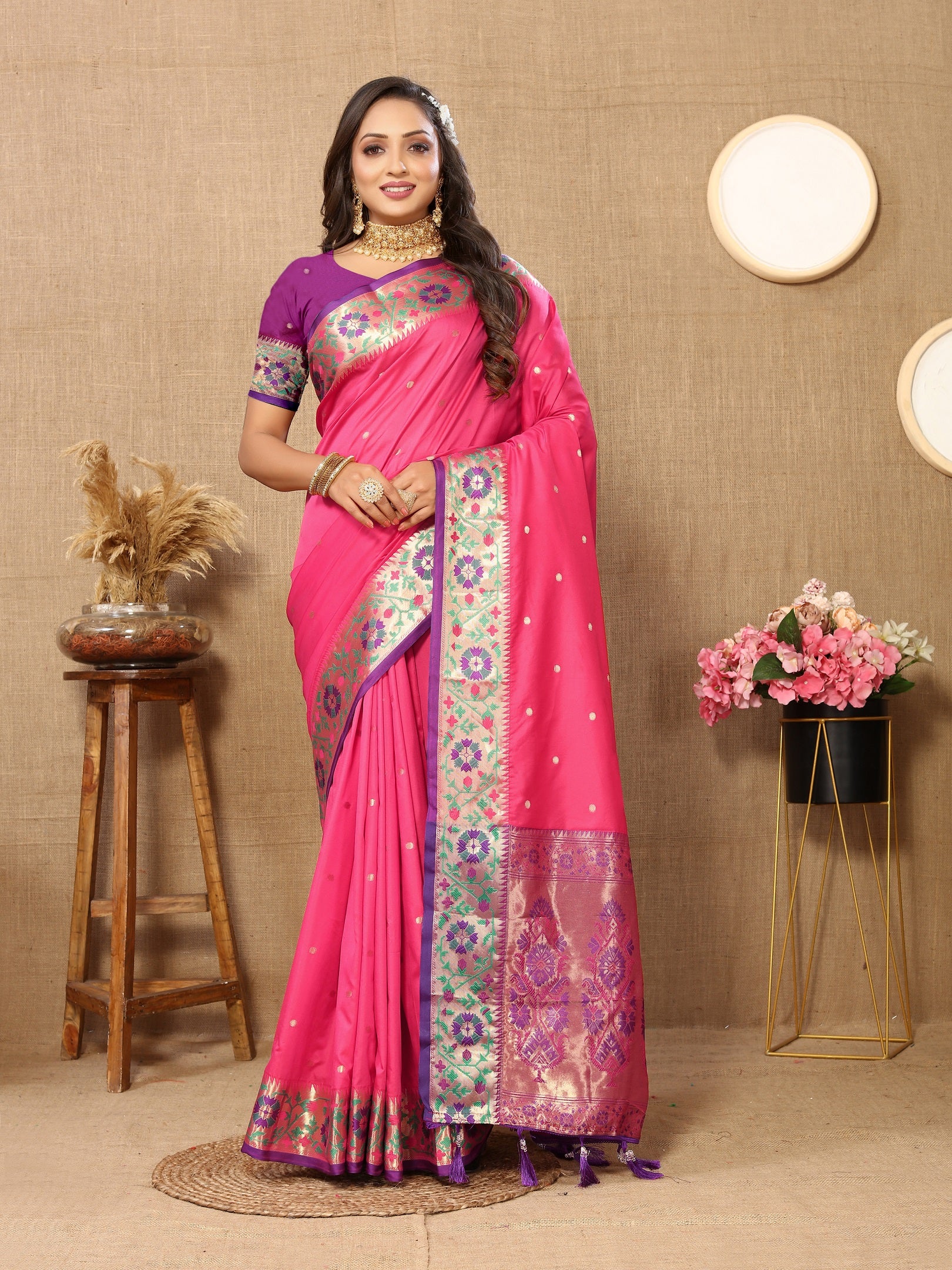 Vedant Vastram Pink Color Paithani Silk Saree - Pink - Distacart