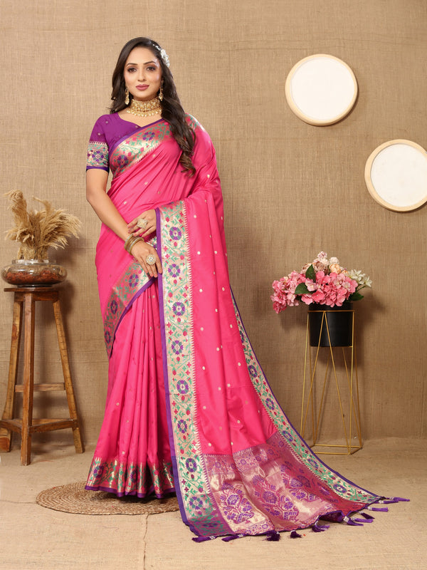 Vedant Vastram Pink Color Paithani Silk Saree - Pink - Distacart