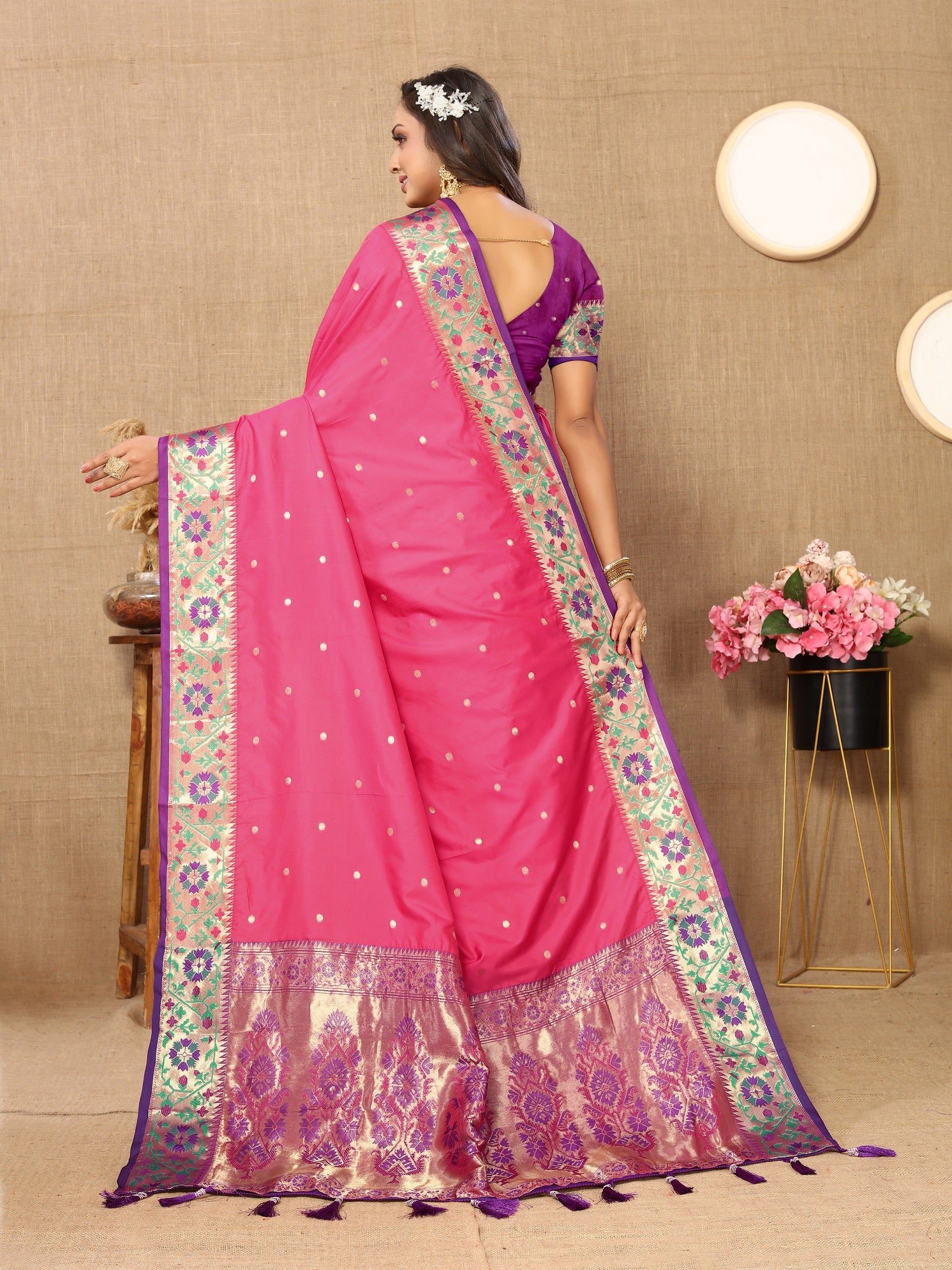 Vedant Vastram Pink Color Paithani Silk Saree - Pink - Distacart