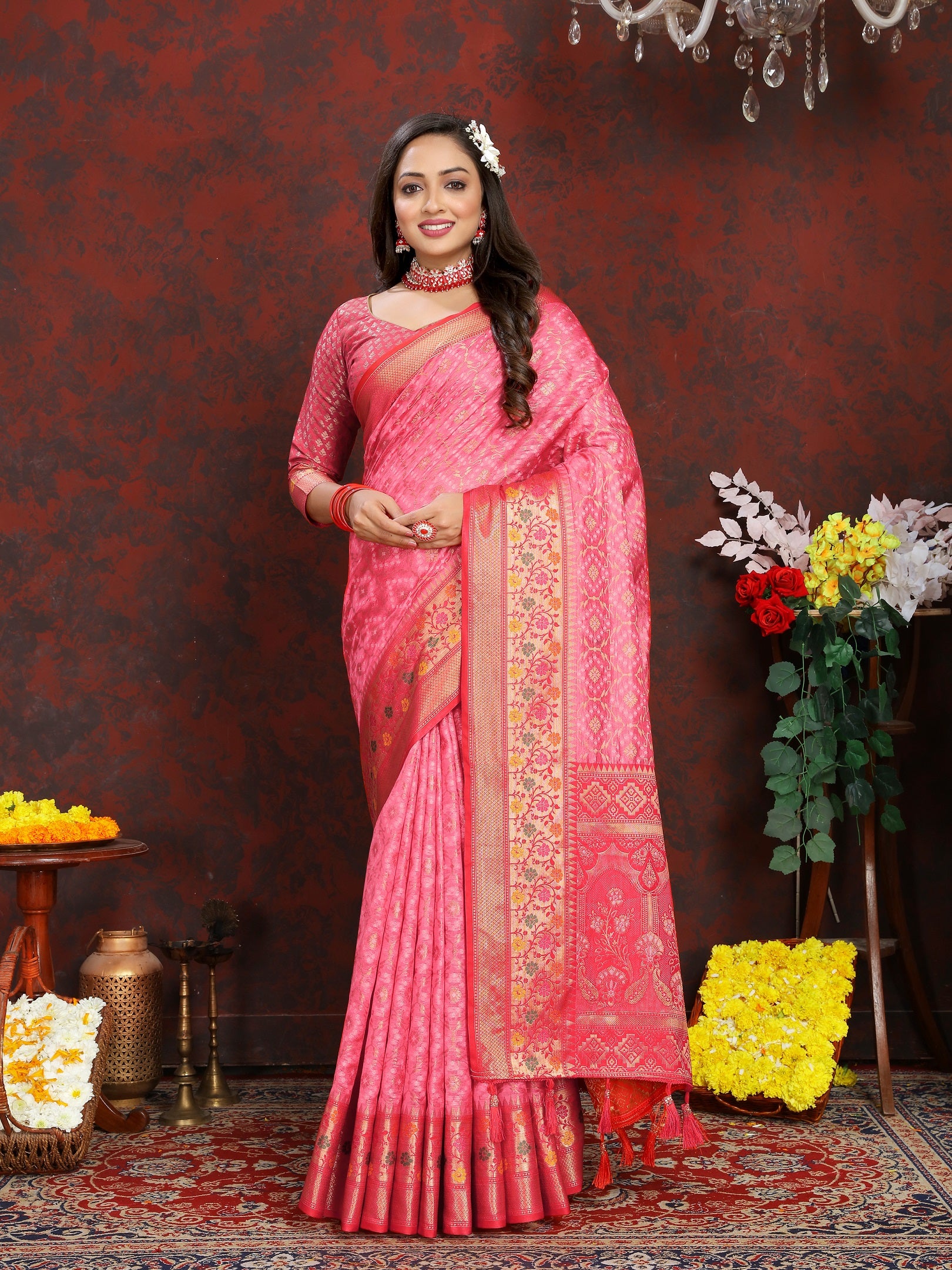 Vedant Vastram Baby Pink Color Kanjeevaram Organza Silk Saree - Baby Pink - Distacart