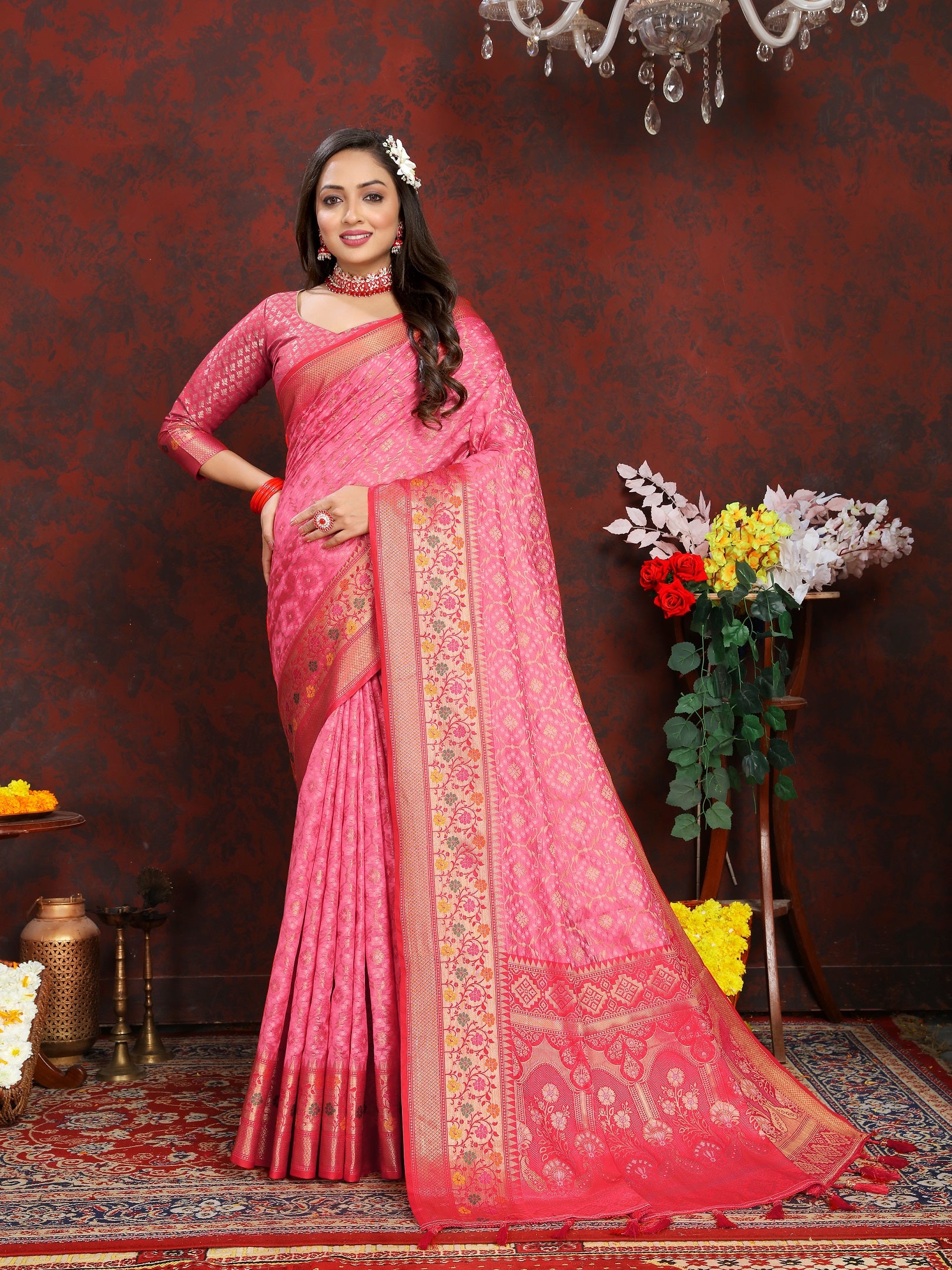 Vedant Vastram Baby Pink Color Kanjeevaram Organza Silk Saree - Baby Pink - Distacart
