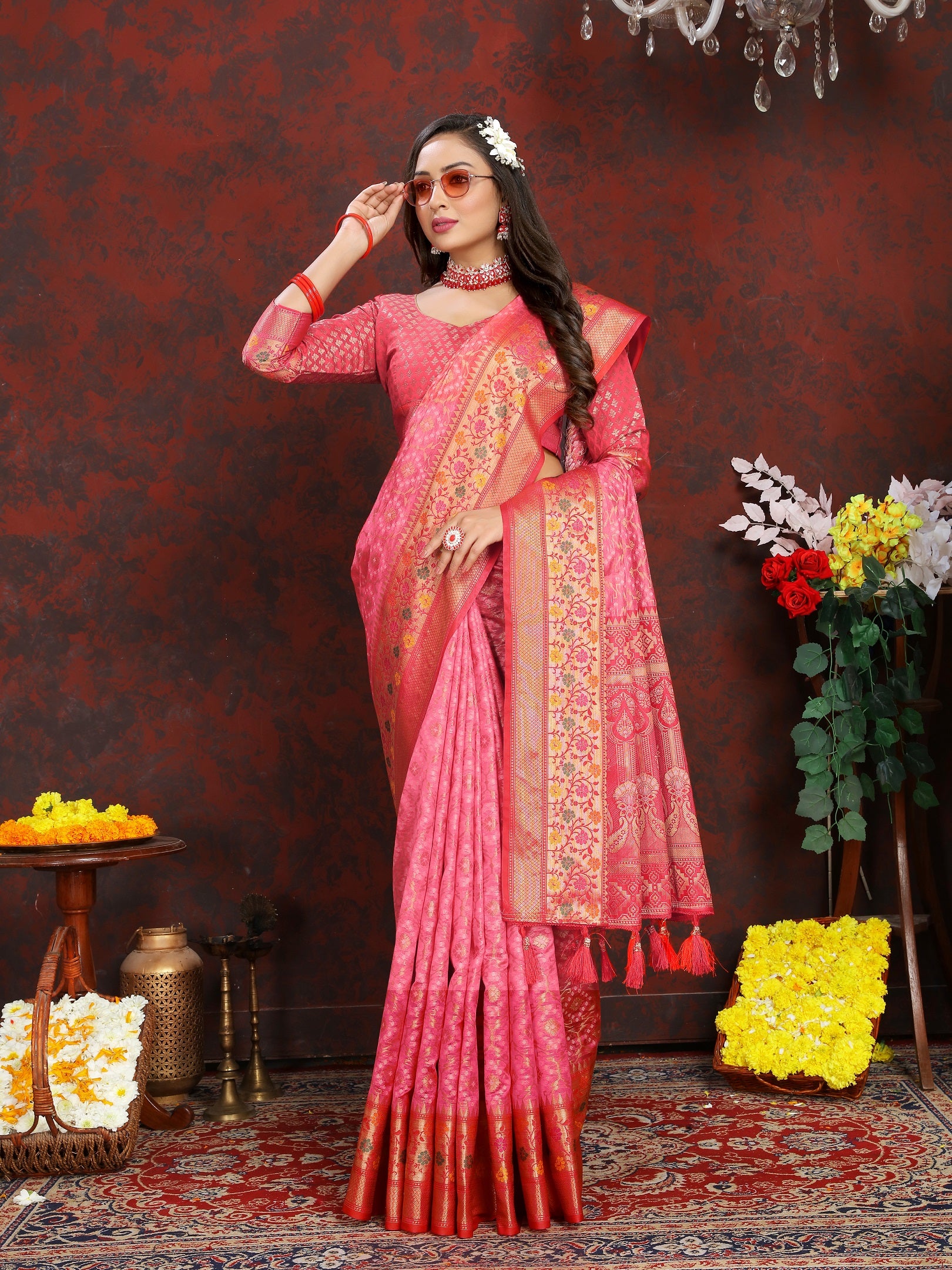Vedant Vastram Baby Pink Color Kanjeevaram Organza Silk Saree - Baby Pink - Distacart