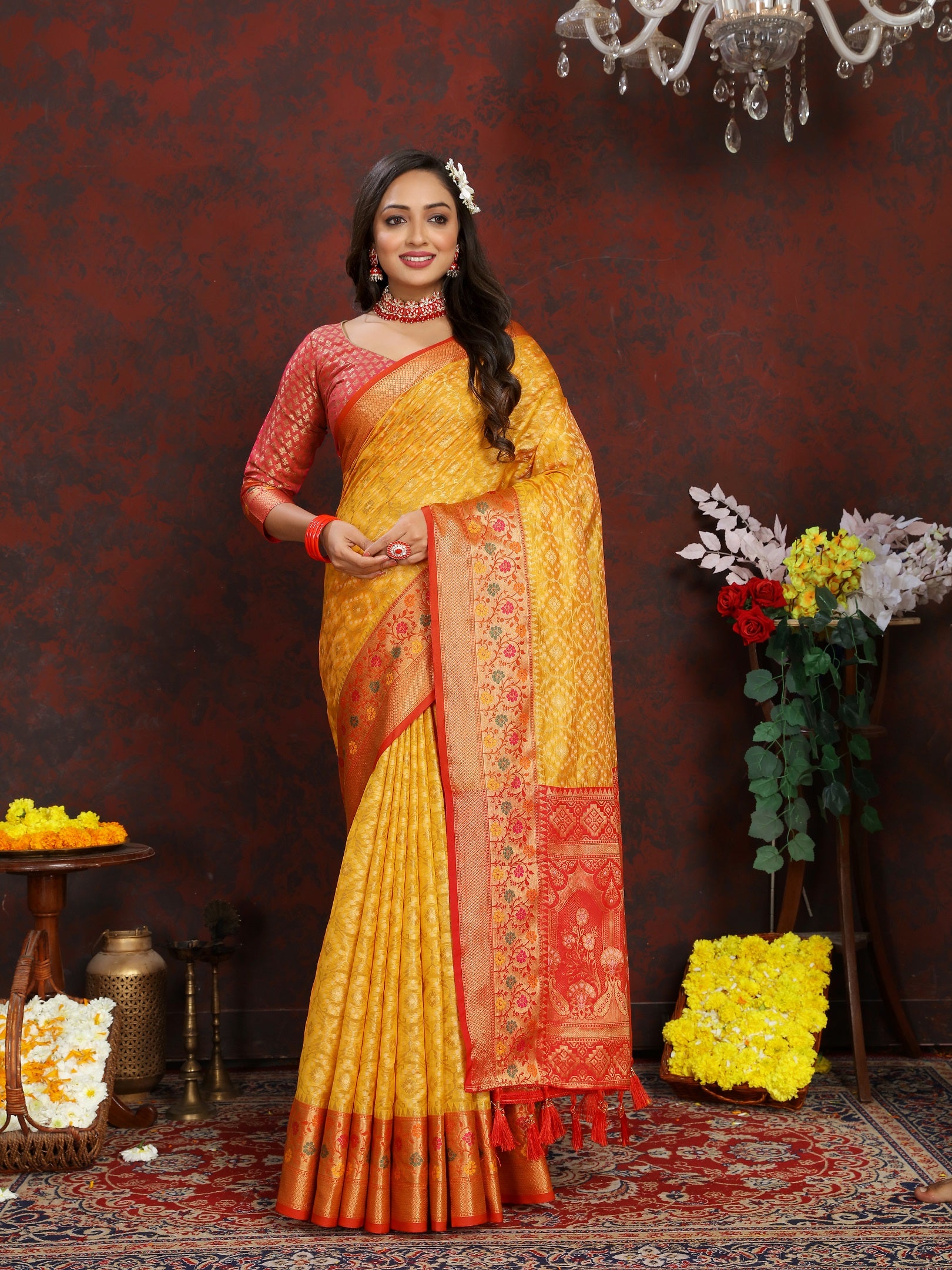 Vedant Vastram Mustard Color Kanjeevaram Organza Silk Saree - Mustard - Distacart