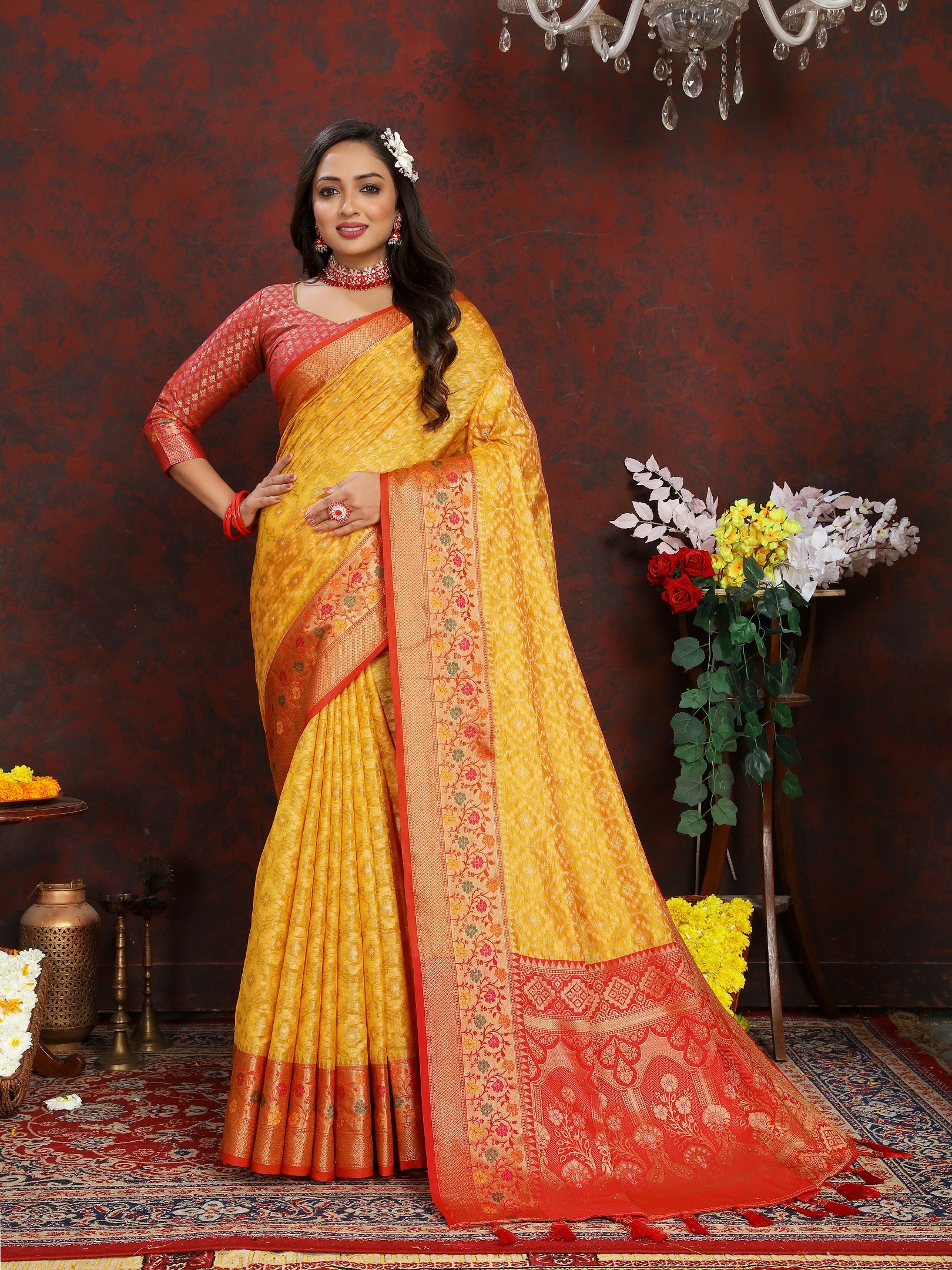 Vedant Vastram Mustard Color Kanjeevaram Organza Silk Saree - Mustard - Distacart