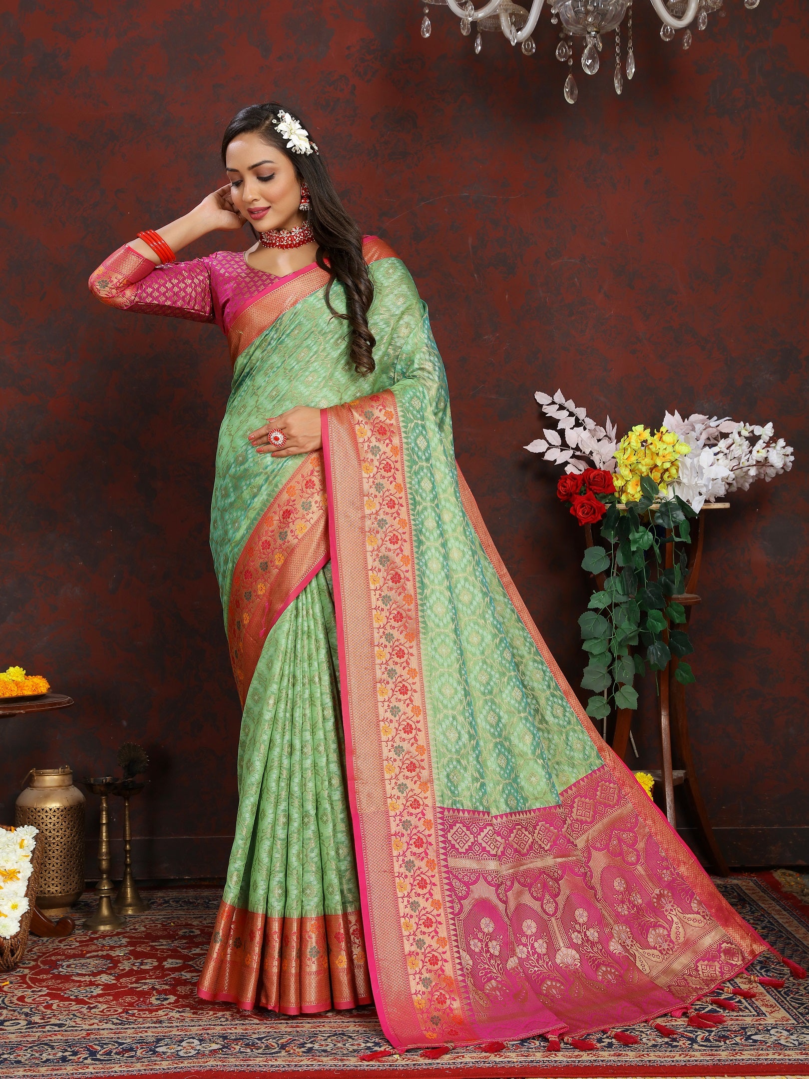 Vedant Vastram Parrot Color Kanjeevaram Organza Silk Saree - Parrot - Distacart