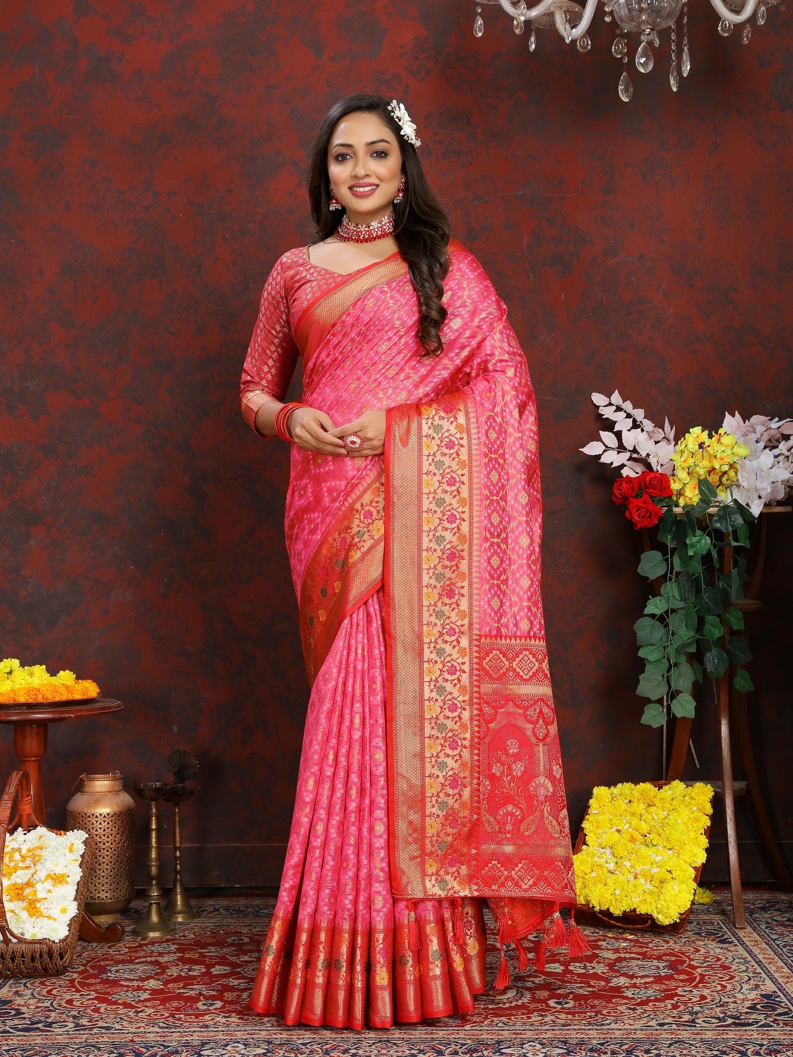 Vedant Vastram Pink Color Kanjeevaram Organza Silk Saree - Pink - Distacart
