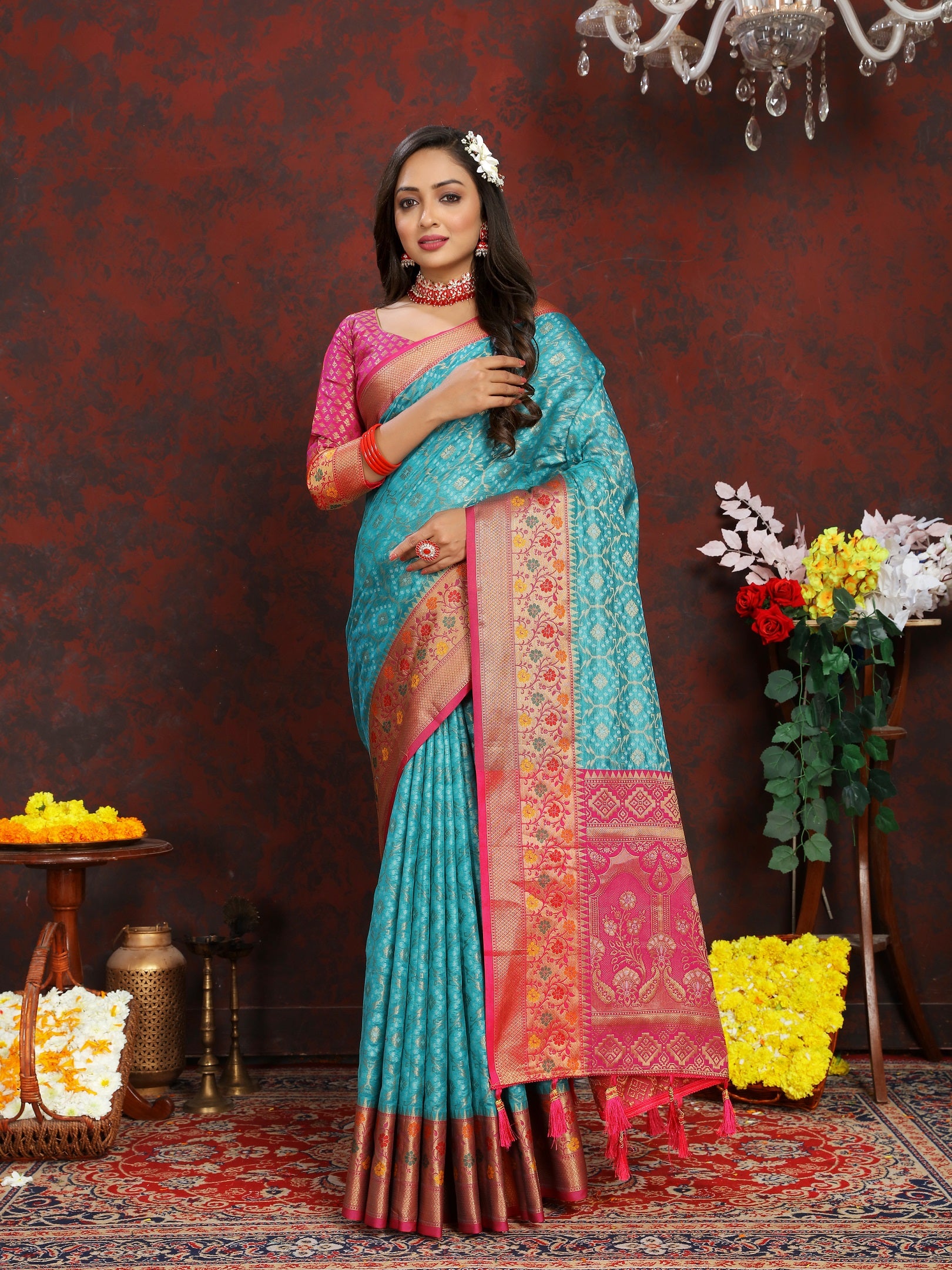 Vedant Vastram Rama Color Kanjeevaram Organza Silk Saree - Rama - Distacart