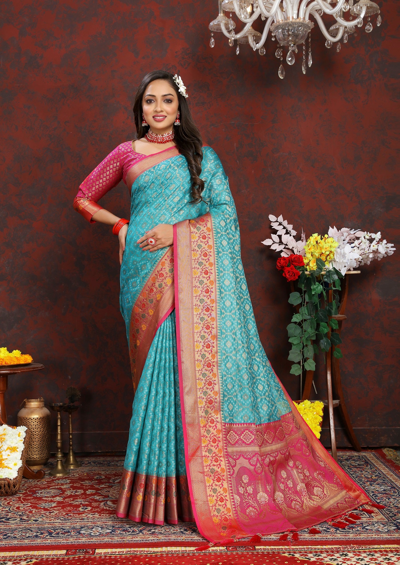 Vedant Vastram Rama Color Kanjeevaram Organza Silk Saree - Rama - Distacart