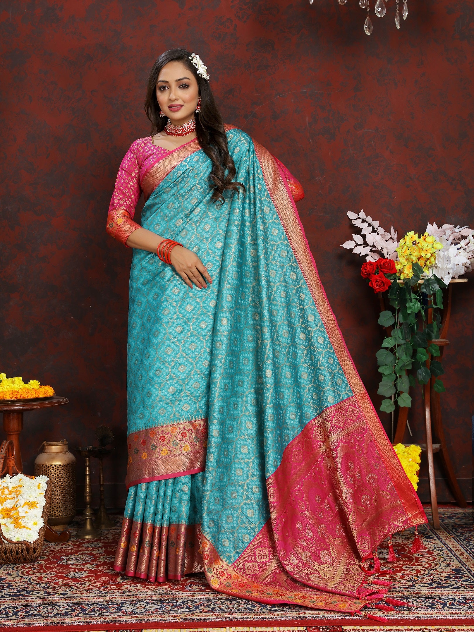Vedant Vastram Rama Color Kanjeevaram Organza Silk Saree - Rama - Distacart