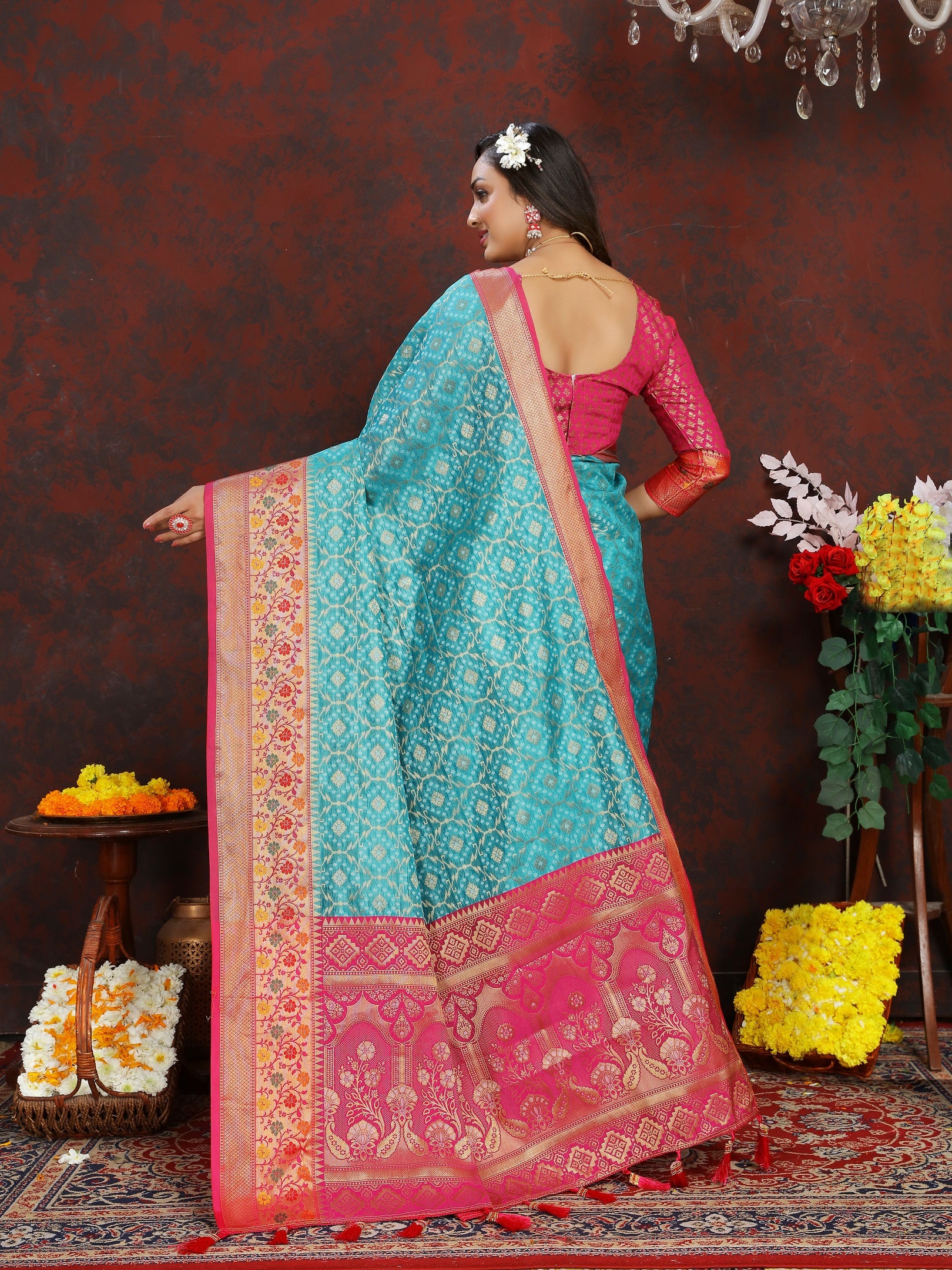 Vedant Vastram Rama Color Kanjeevaram Organza Silk Saree - Rama - Distacart
