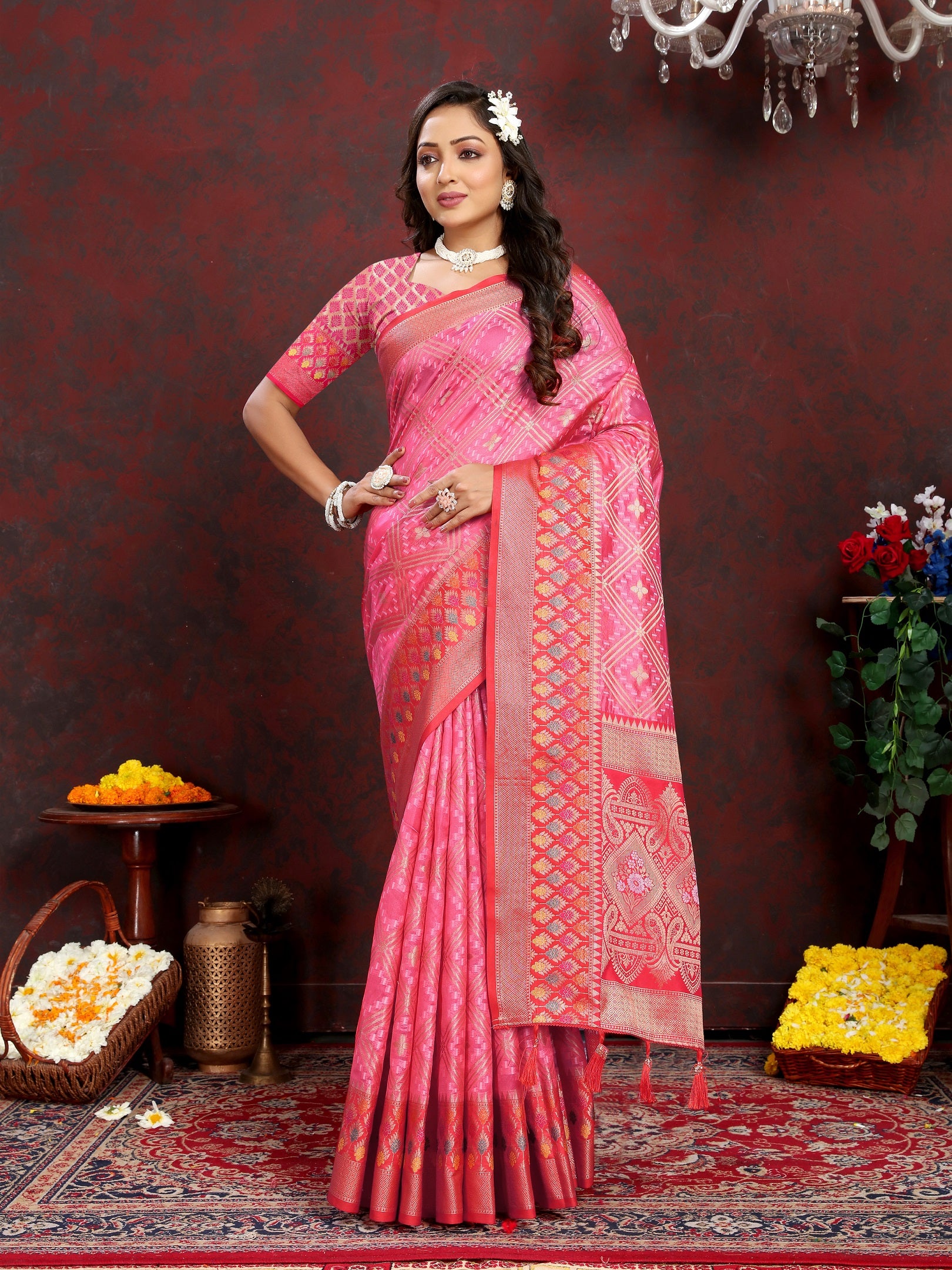Vedant Vastram Baby Pink Color Kanjeevaram Organza Silk Saree - Baby Pink - Distacart