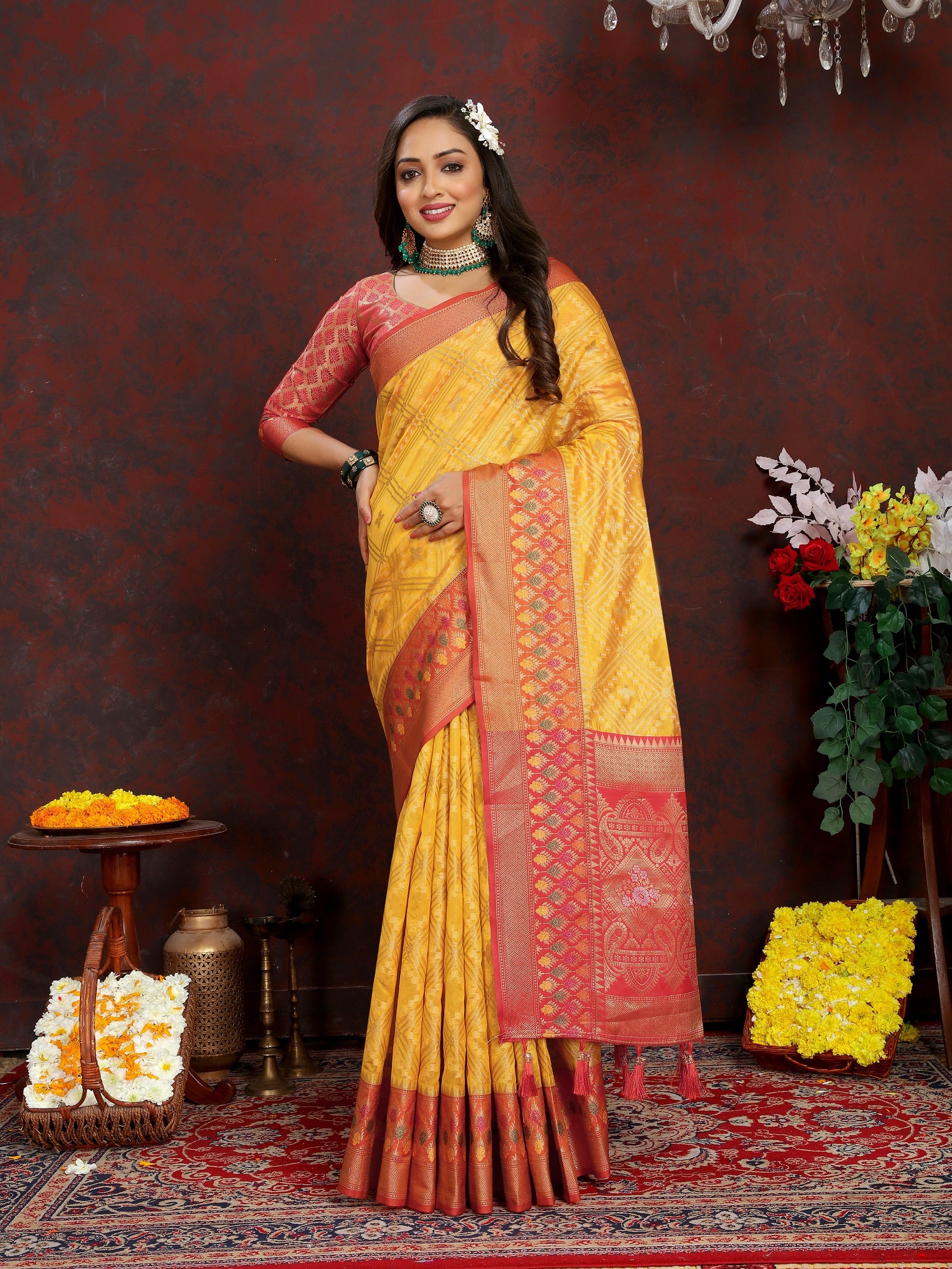 Vedant Vastram Mustard Color Kanjeevaram Organza Silk Saree - Mustard - Distacart
