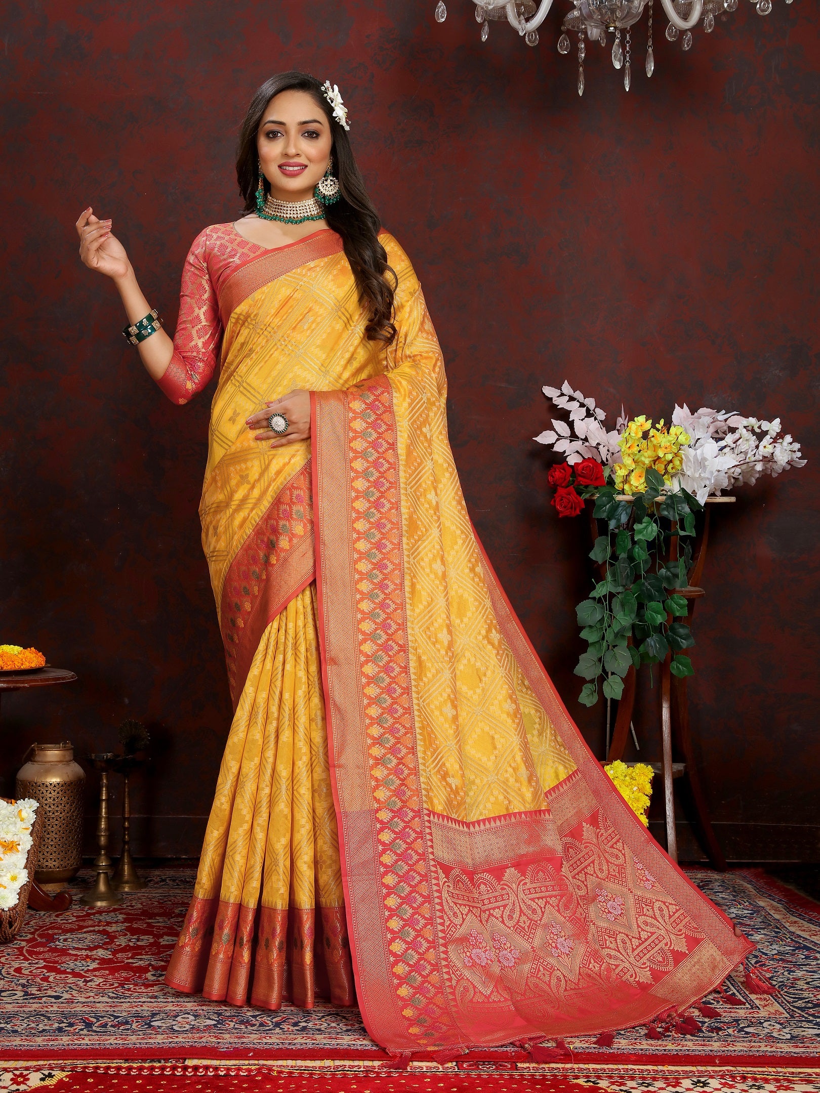 Vedant Vastram Mustard Color Kanjeevaram Organza Silk Saree - Mustard - Distacart