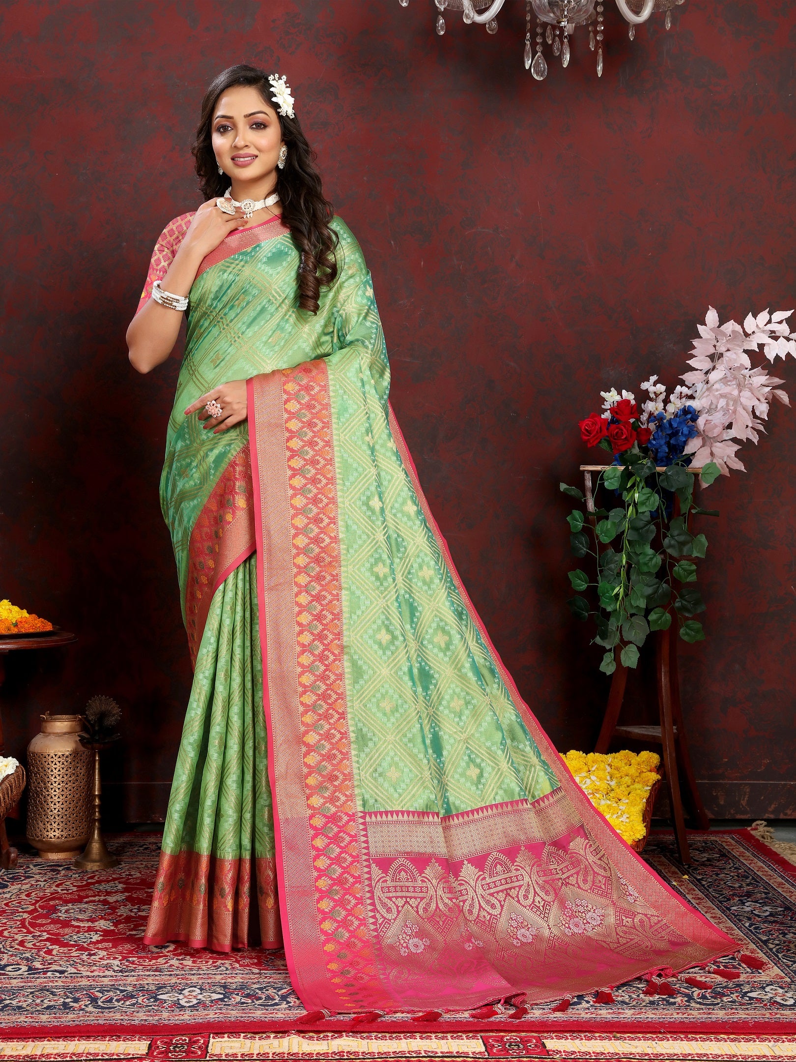 Vedant Vastram Parrot Color Kanjeevaram Organza Silk Saree - Parrot - Distacart
