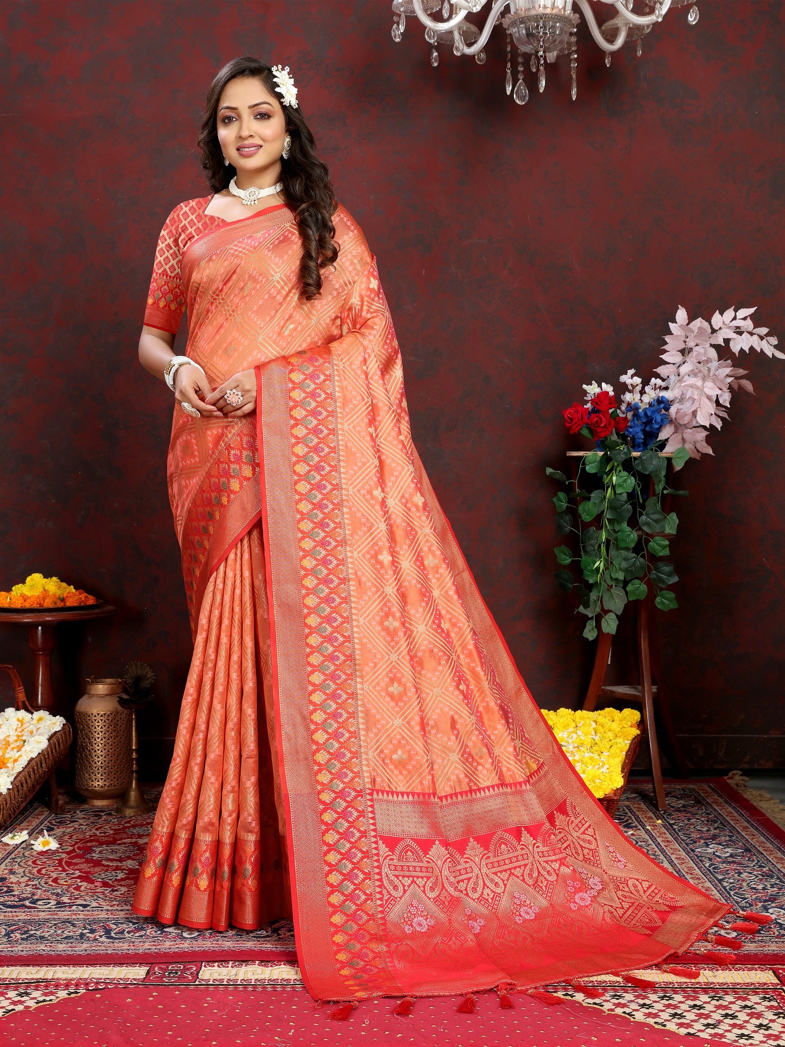Vedant Vastram Peach Color Kanjeevaram Organza Silk Saree - Peach - Distacart