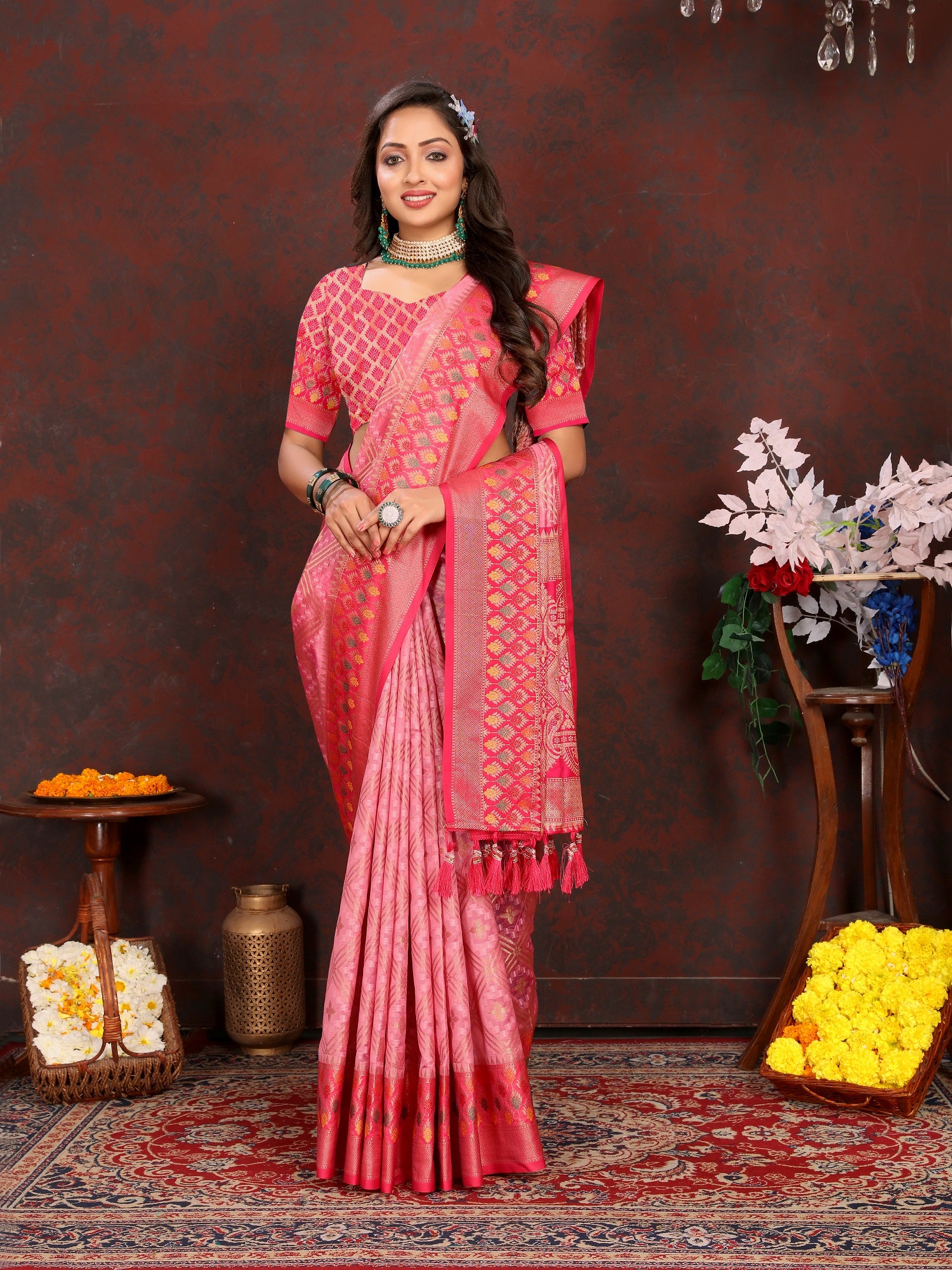 Vedant Vastram Pink Color Kanjeevaram Organza Silk Saree - Pink - Distacart