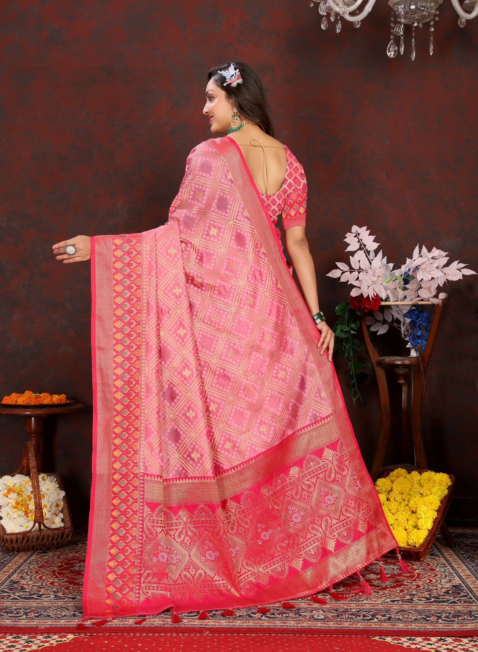 Vedant Vastram Pink Color Kanjeevaram Organza Silk Saree - Pink - Distacart