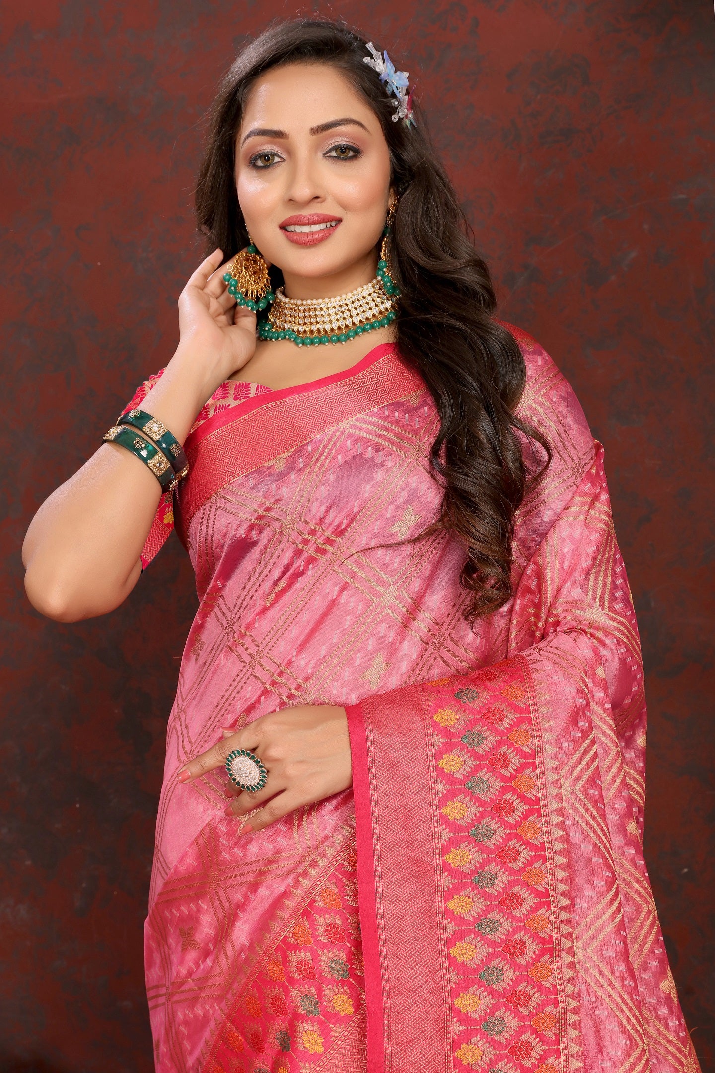 Vedant Vastram Pink Color Kanjeevaram Organza Silk Saree - Pink - Distacart