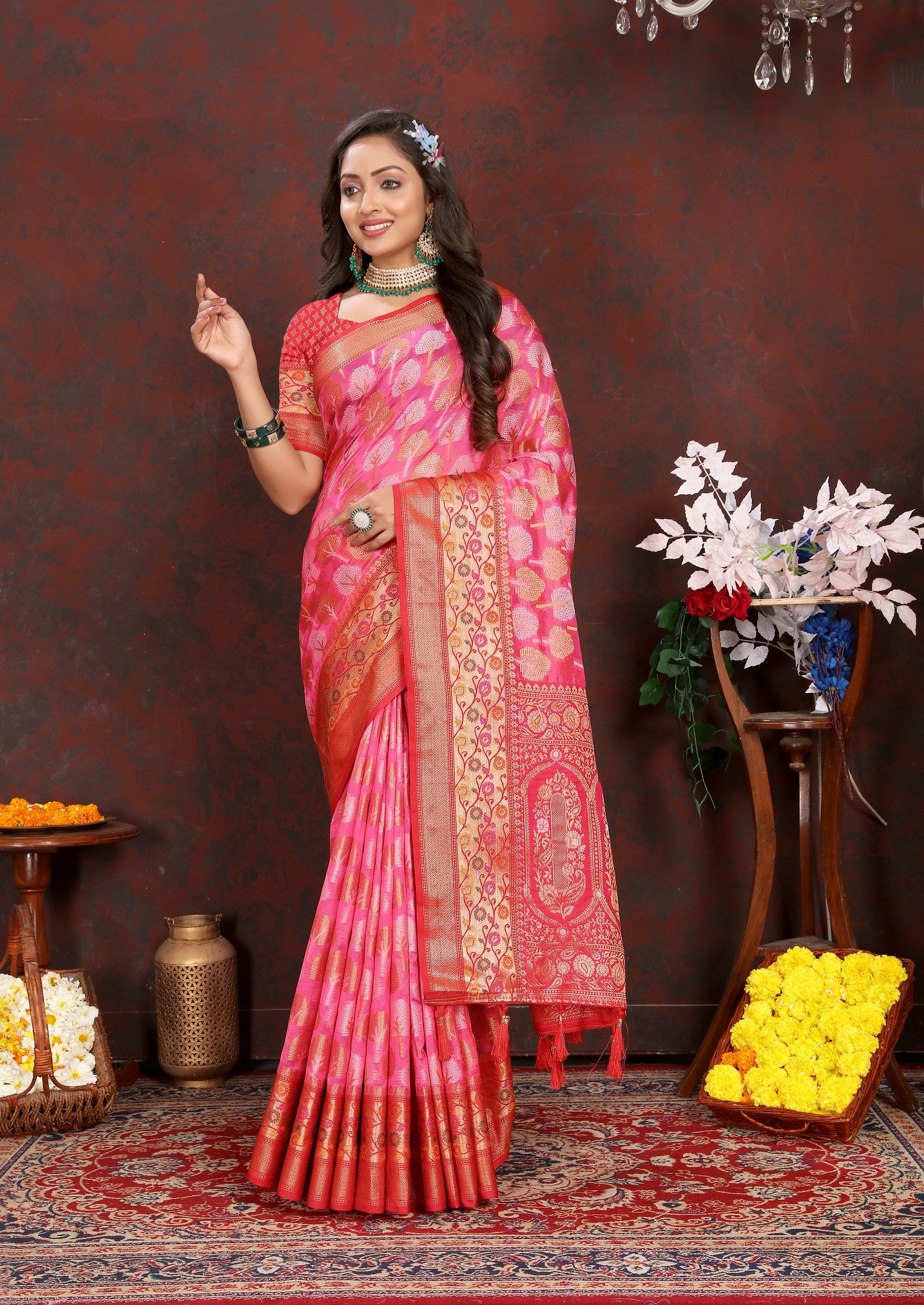 Vedant Vastram Baby Pink Color Kanjeevaram Organza Silk Saree - Baby Pink - Distacart