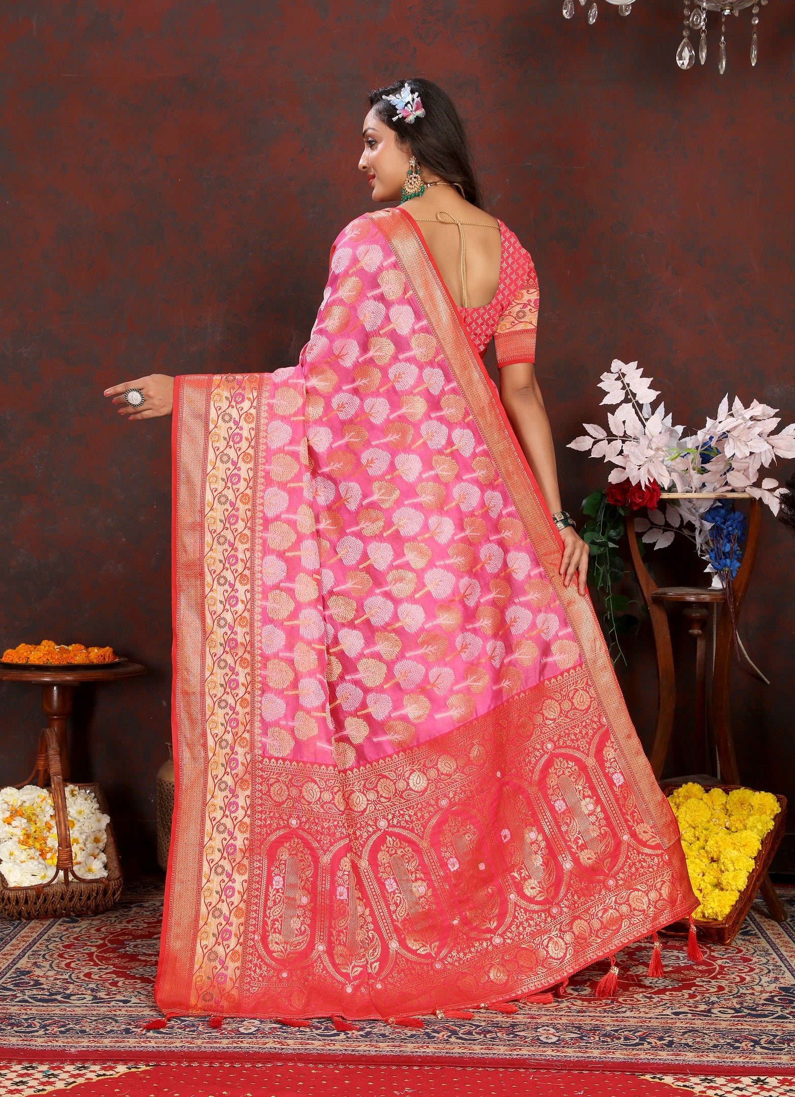 Vedant Vastram Baby Pink Color Kanjeevaram Organza Silk Saree - Baby Pink - Distacart