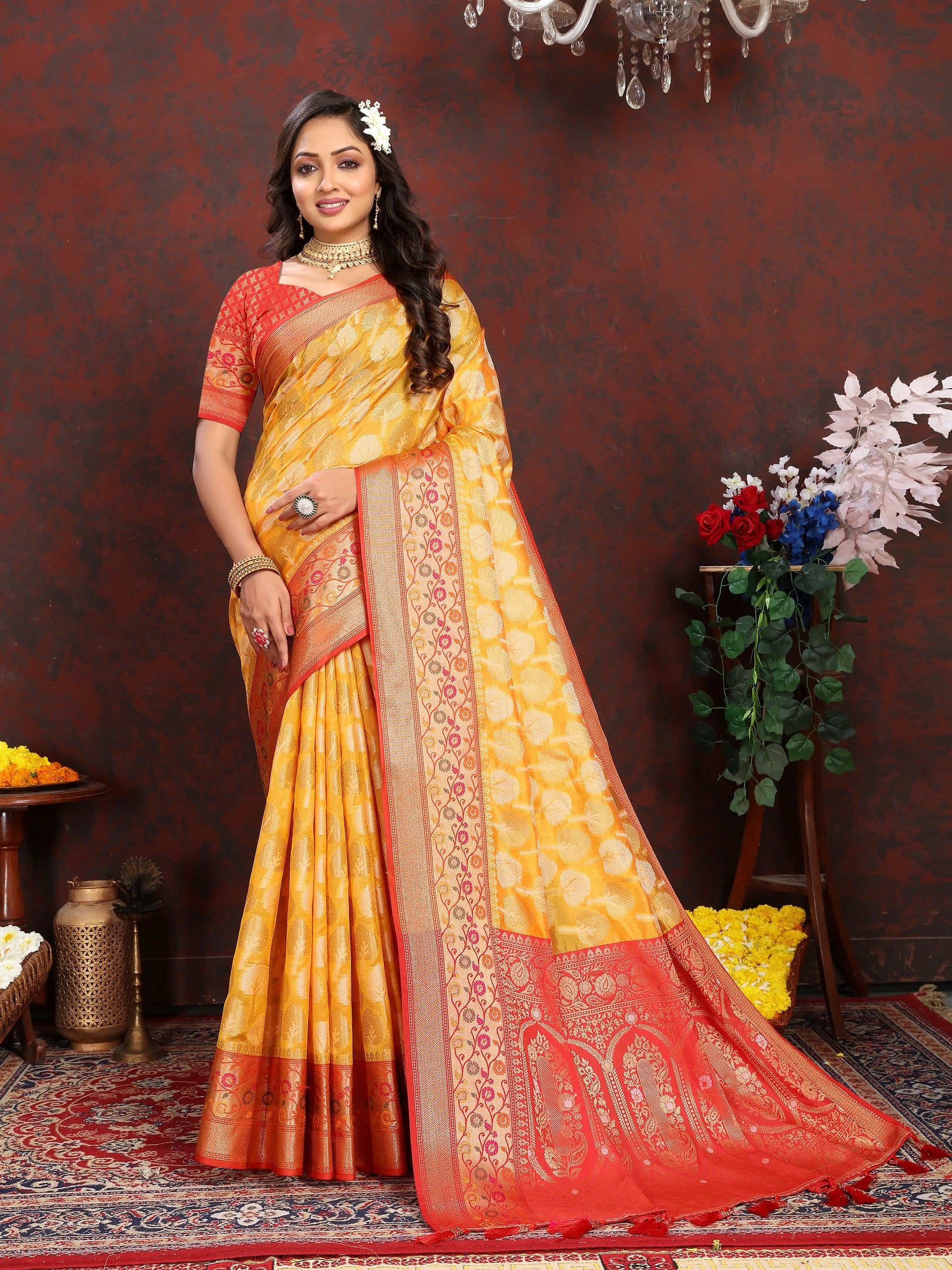 Vedant Vastram Mustard Color Kanjeevaram Organza Silk Saree - Mustard - Distacart