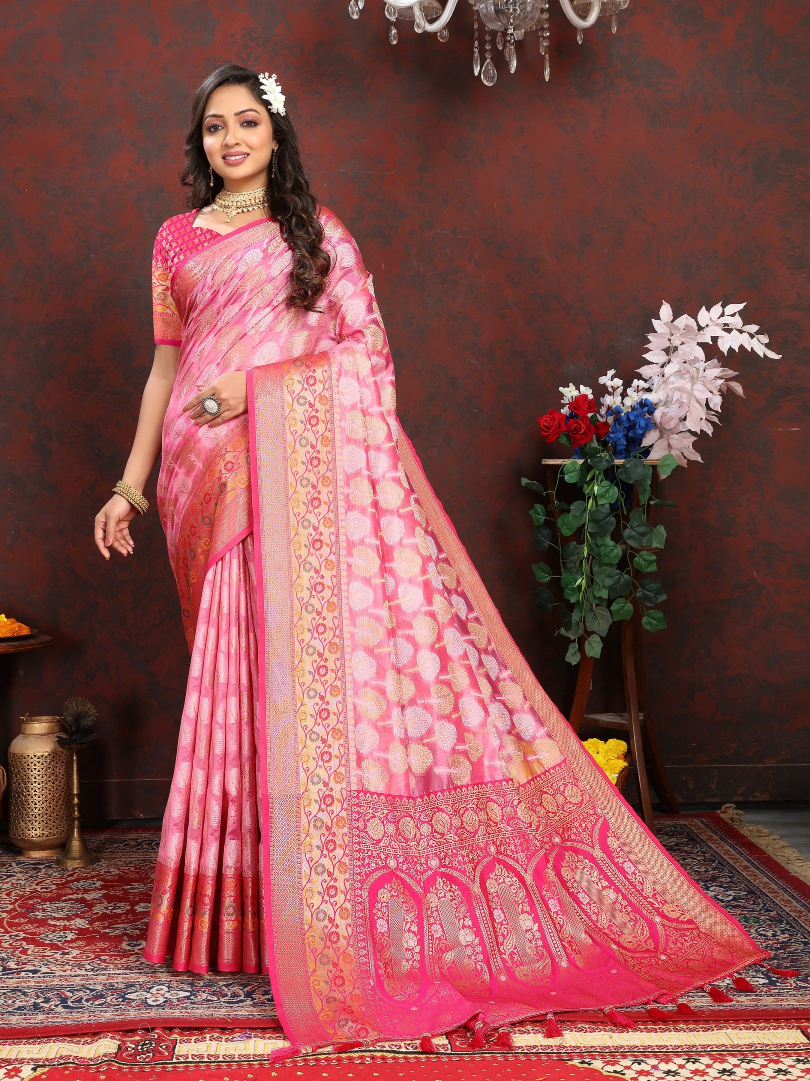 Vedant Vastram Pink Color Kanjeevaram Organza Silk Saree - Pink - Distacart